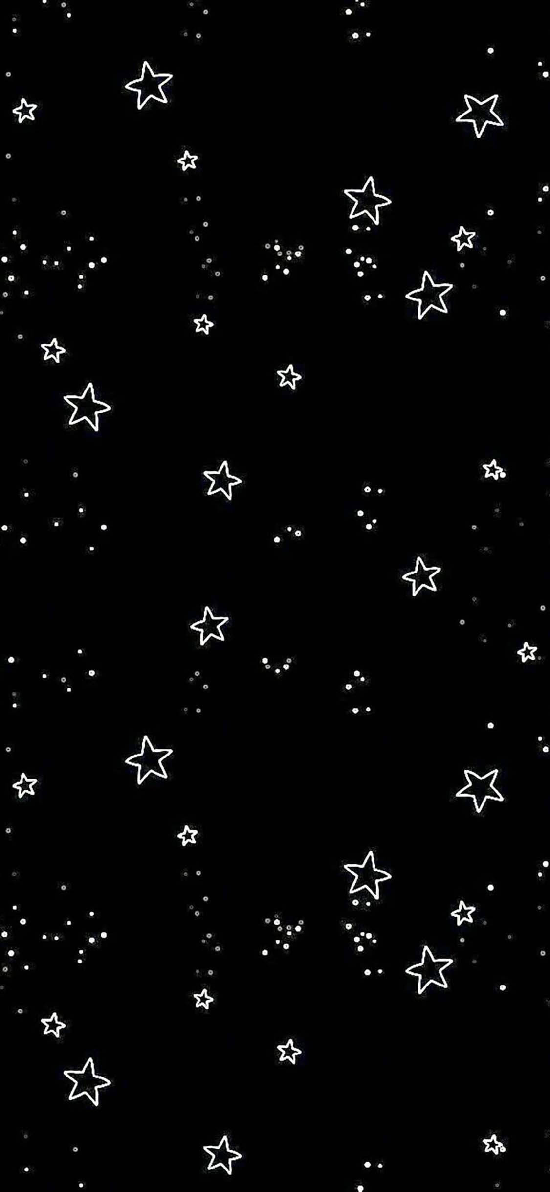 black background, white outlined stars, tiny dots, Full HD Phone Wallpaper