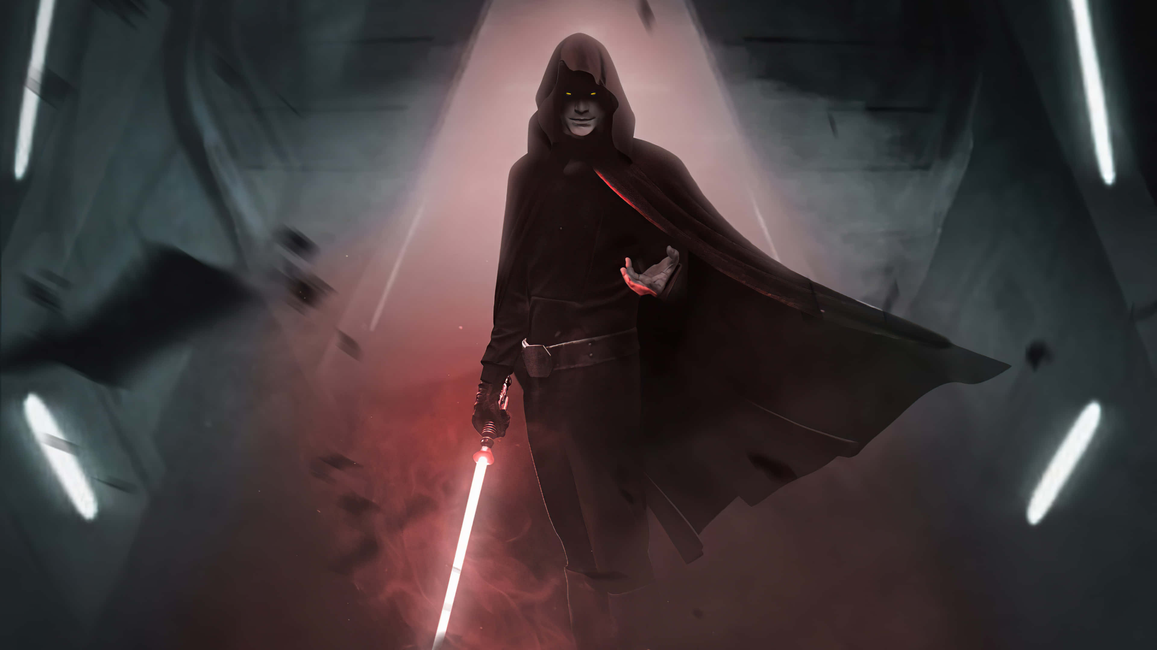 dark figure, red lightsaber, black robes, 4K Desktop Wallpaper