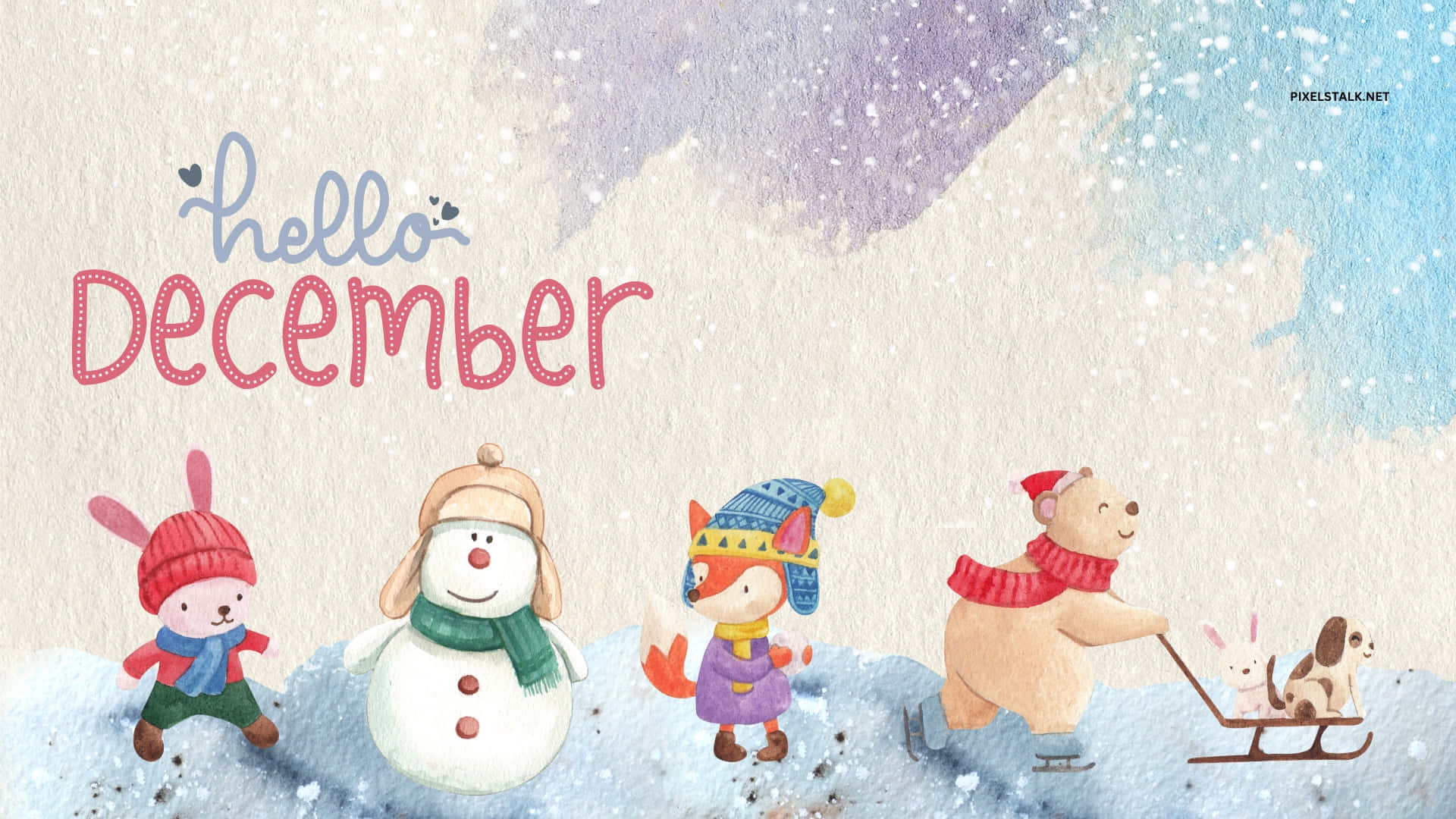cute december, winter decoration, cartoon animals, Full HD Desktop Wallpaper