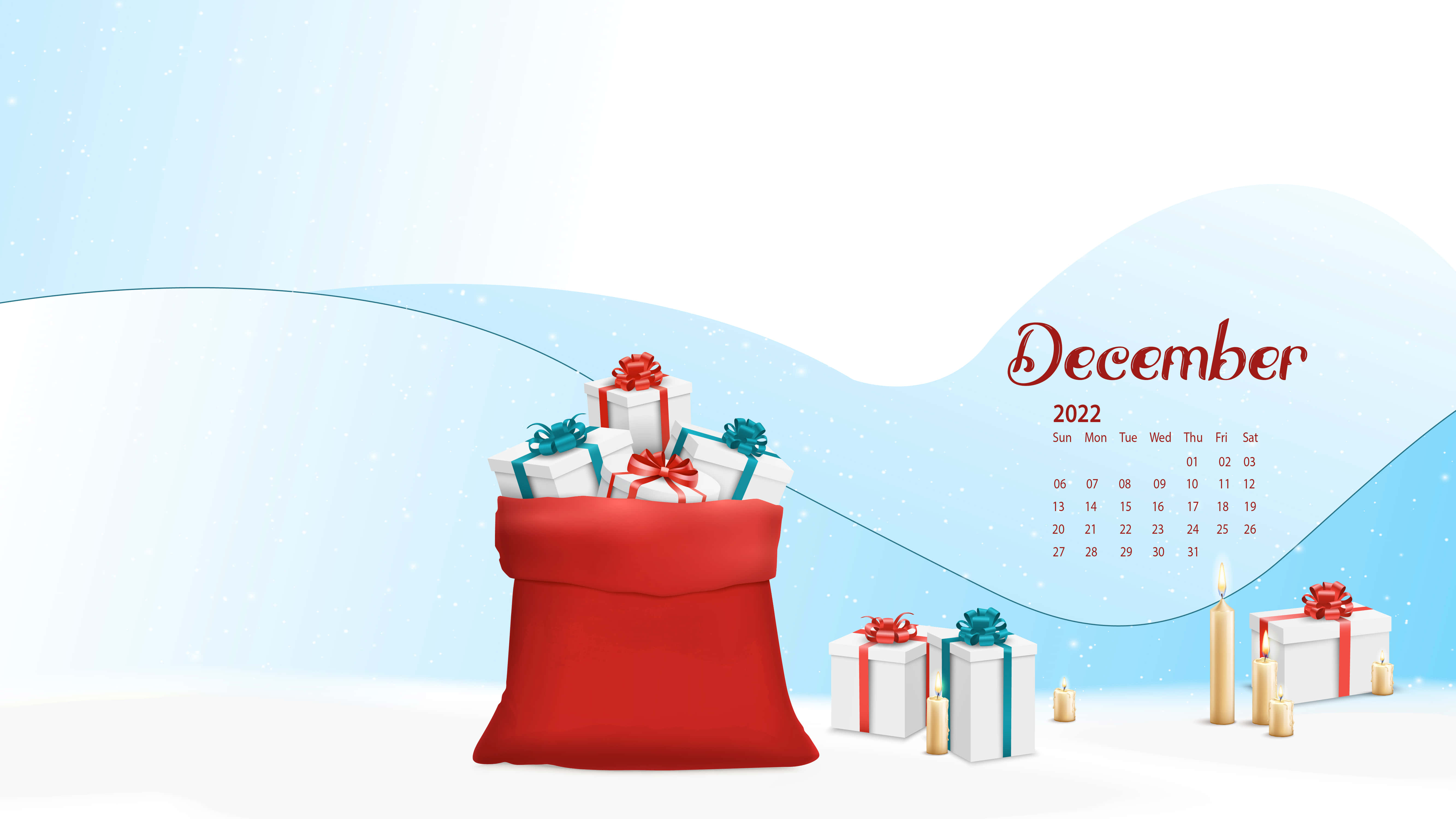 Santa sack, December 2022 calendar, lit candles, 5K Desktop Wallpaper