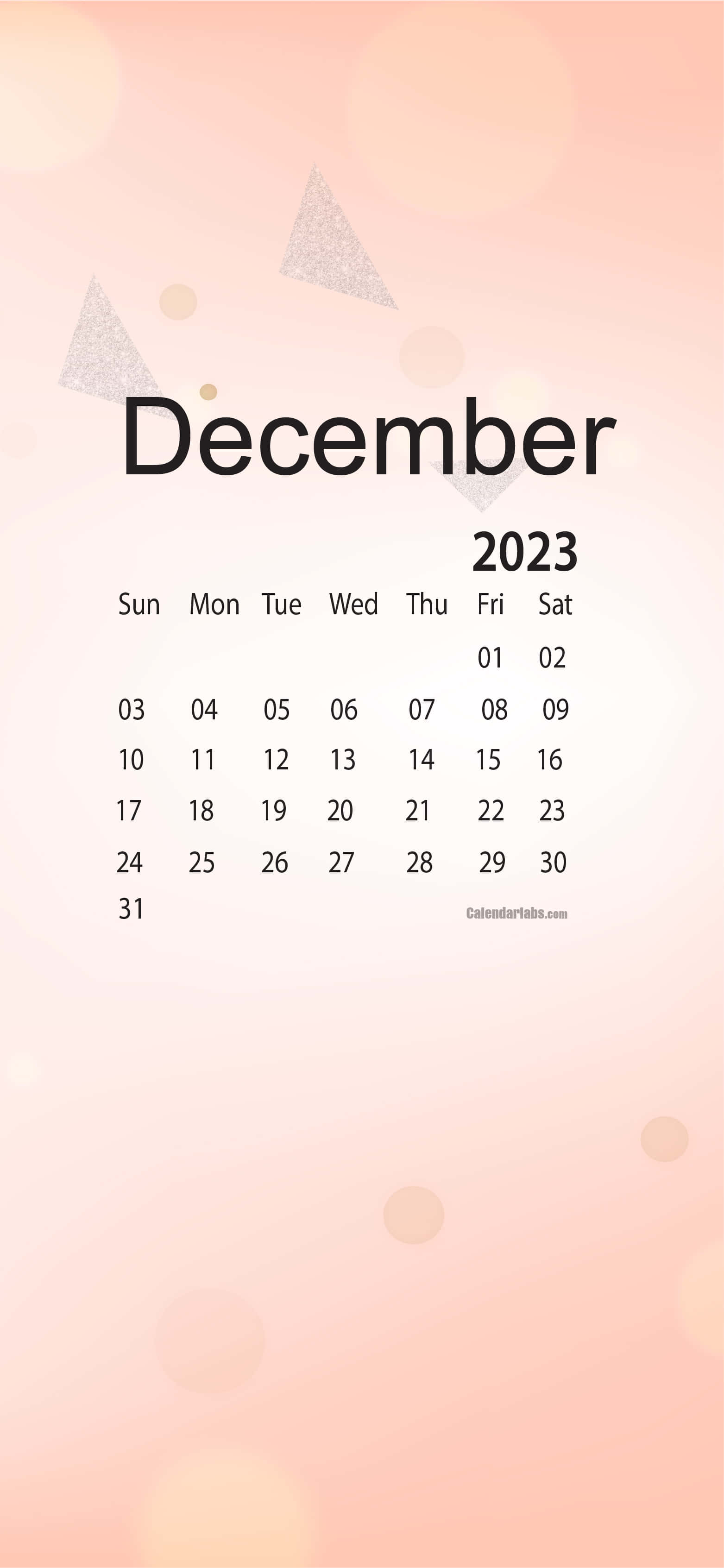 December 2023 calendar, soft peach bokeh, glittery triangles, 2K Phone Wallpaper