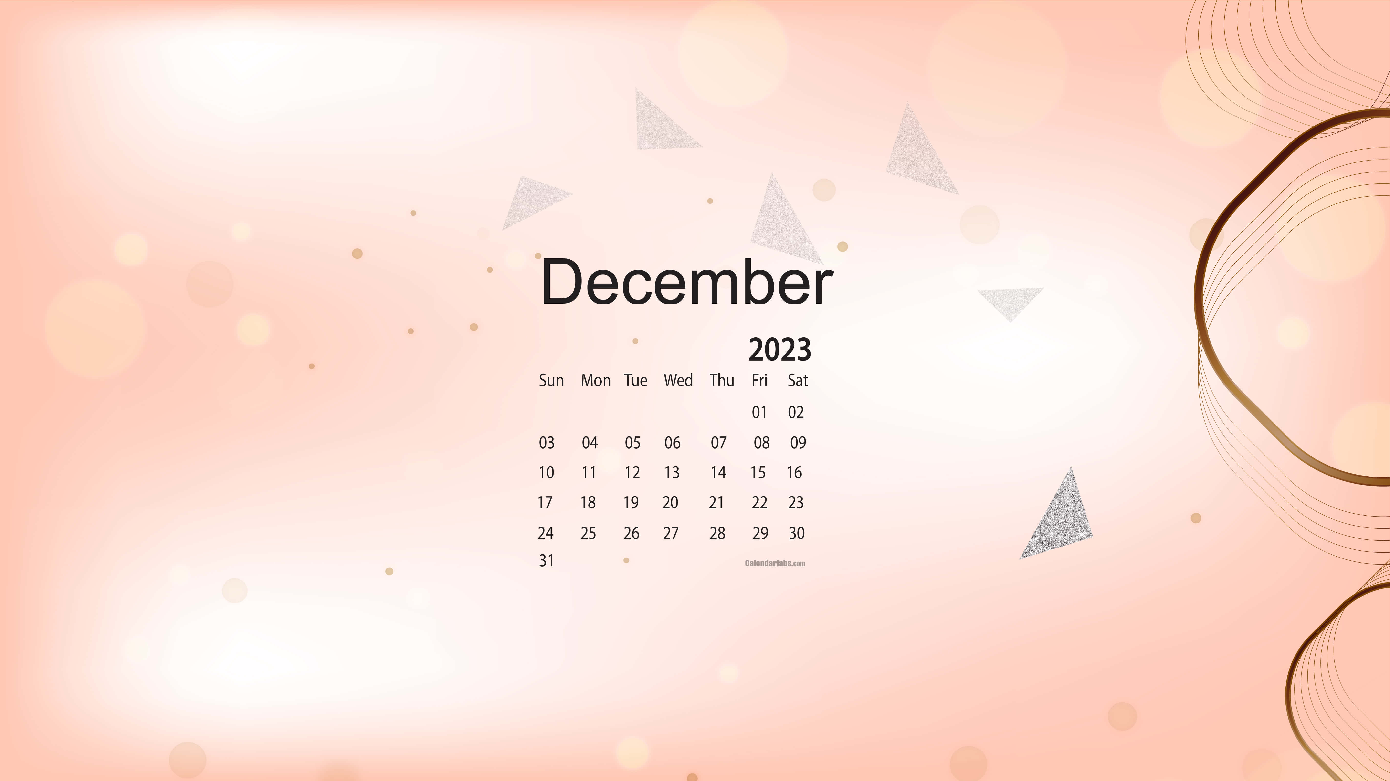 December 2023 calendar, soft peach background, glitter triangles, 5K Desktop Wallpaper