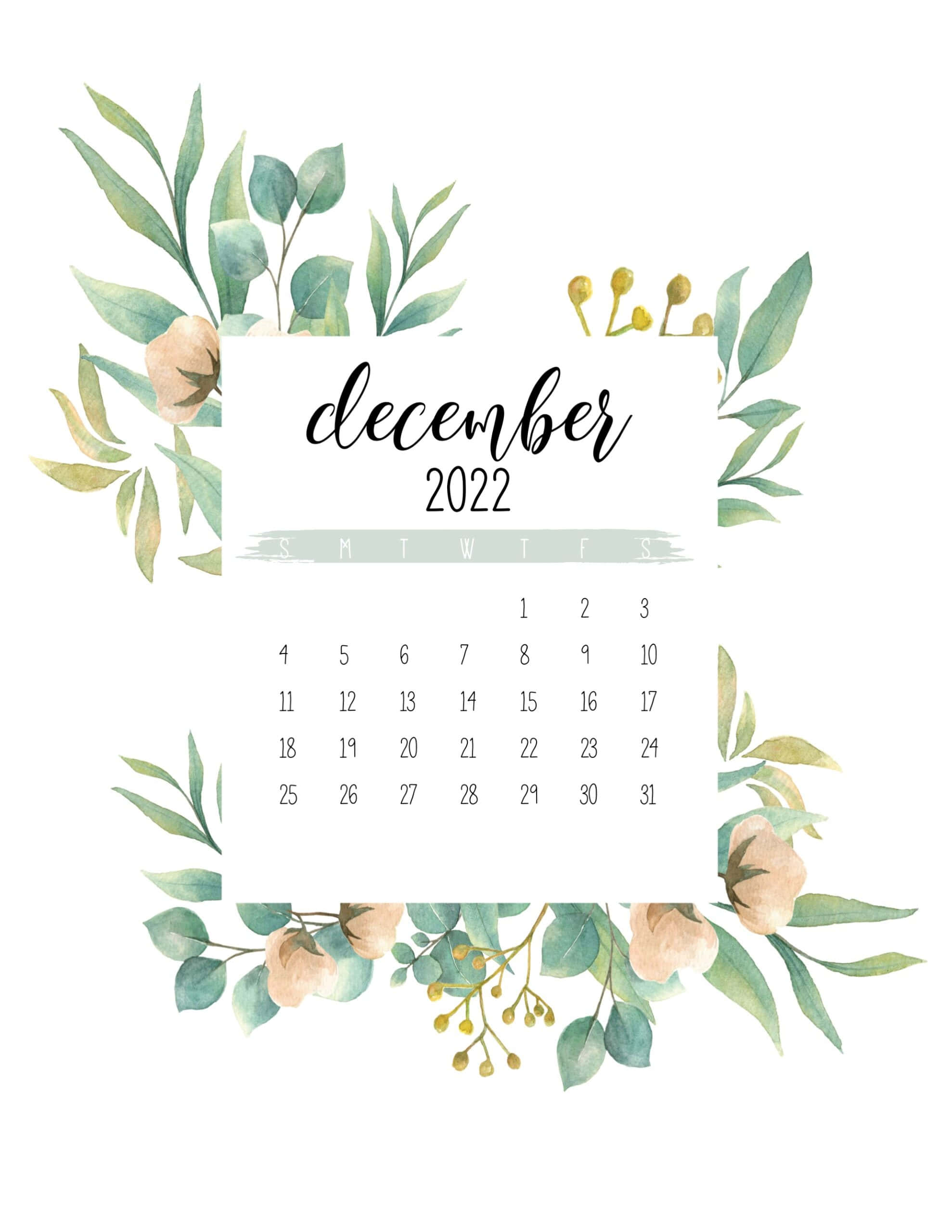 December 2022 calendar, soft green foliage, peach blooms, 2K Phone Wallpaper
