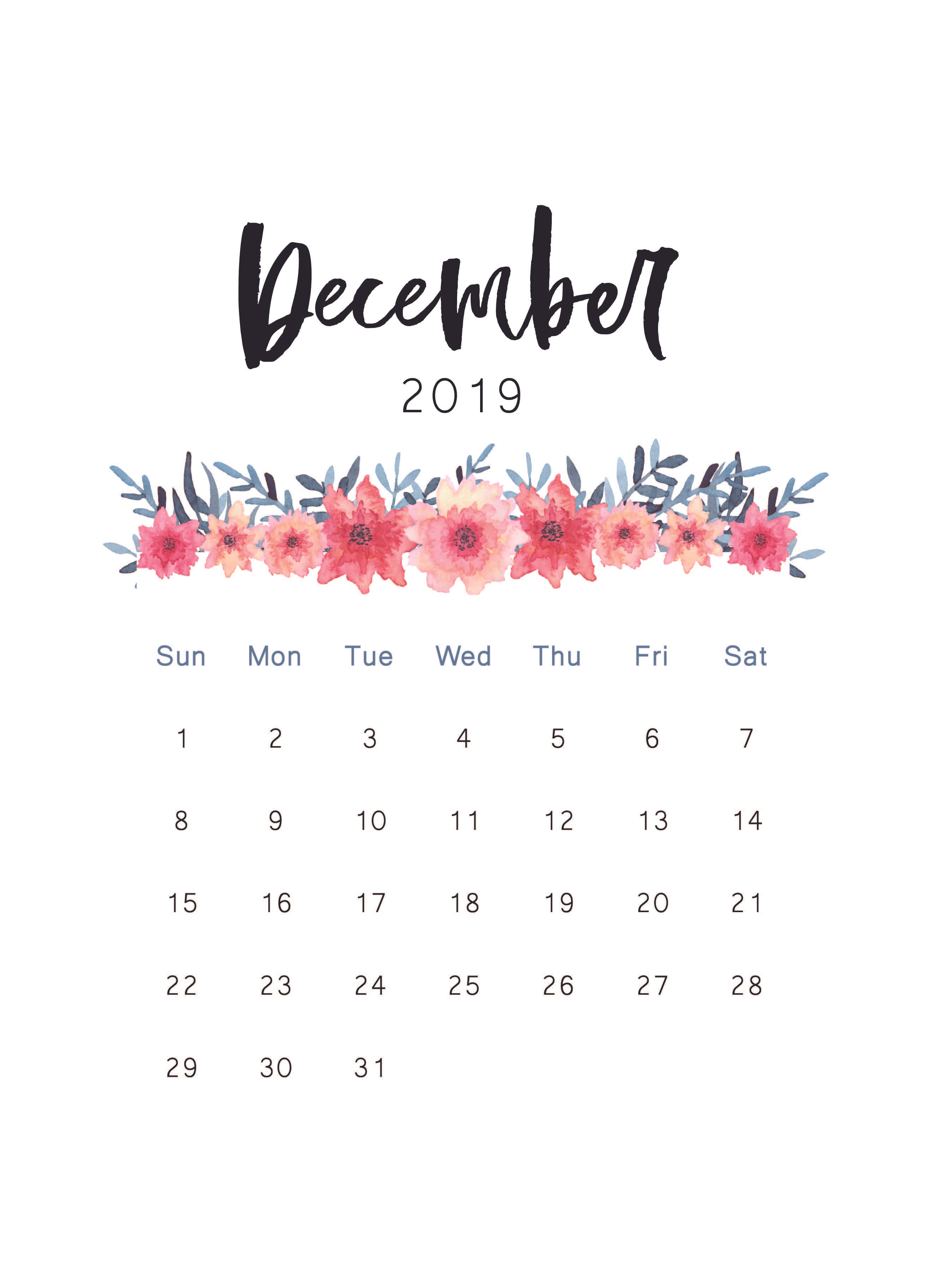 December 2019 calendar, floral border, pink and coral blossoms, 2K Phone Wallpaper