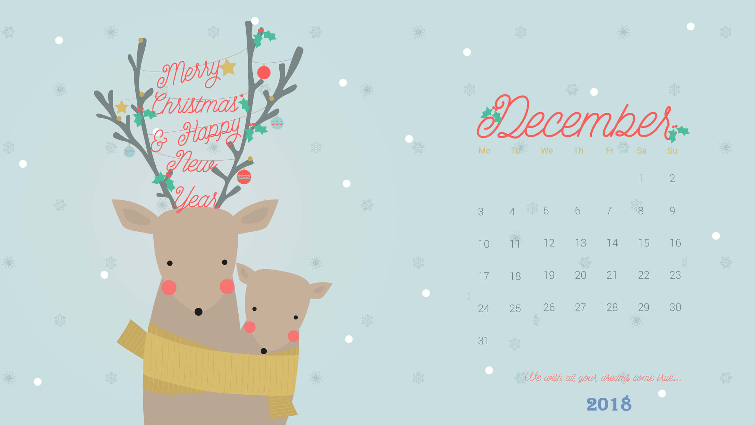 Cute December, cartoon deer, fawn, 2K Desktop Wallpaper