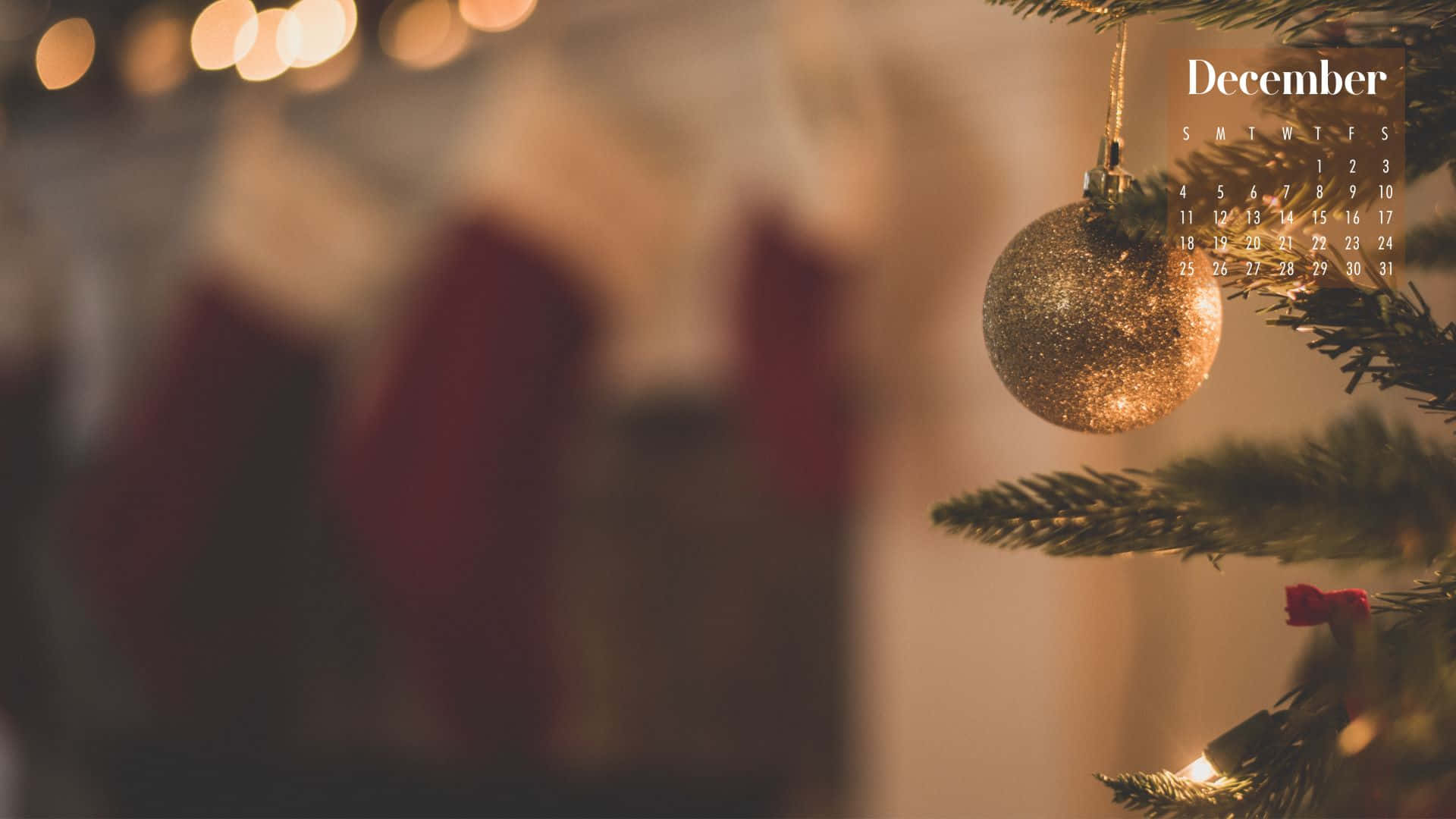 Cute December, gold Christmas ornament, pine branch, Full HD Desktop Wallpaper
