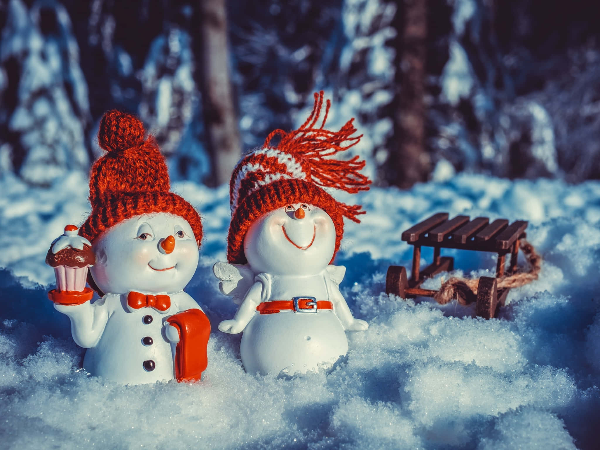 snowman figurines, red knit hats, snowy forest, Full HD Desktop Wallpaper