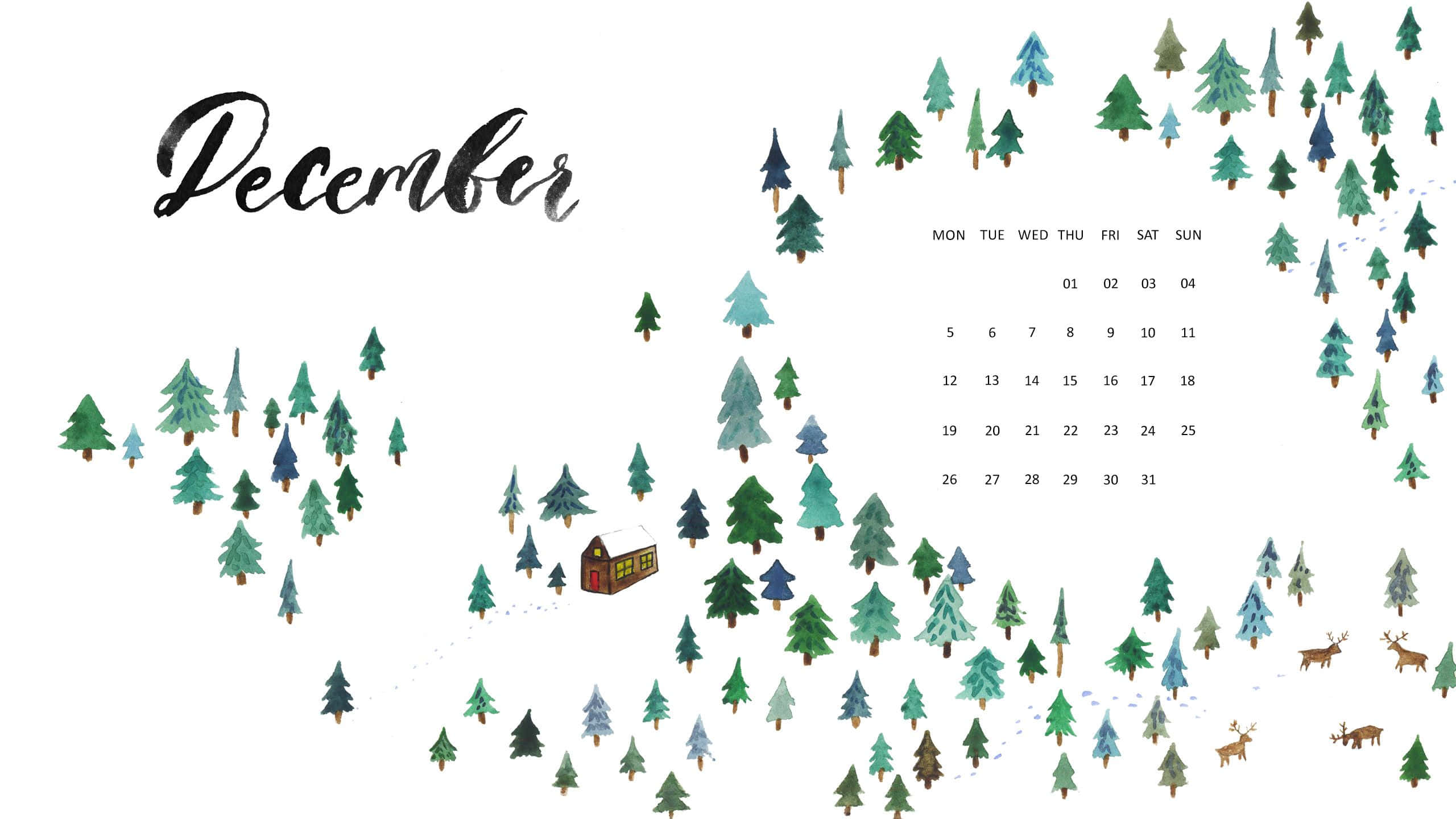 cute december, watercolor December calendar, pine trees, 2K Desktop Wallpaper