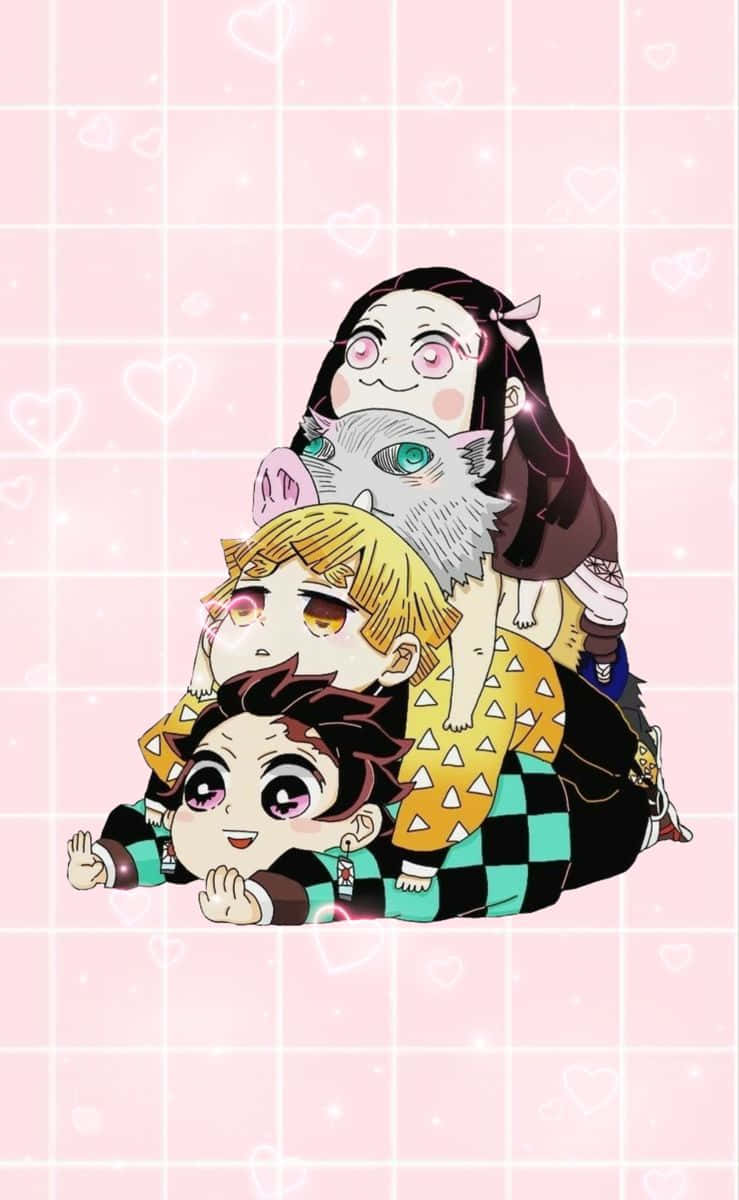 Cute Demon Slayer, chibi characters, pink grid background, SD Phone Wallpaper