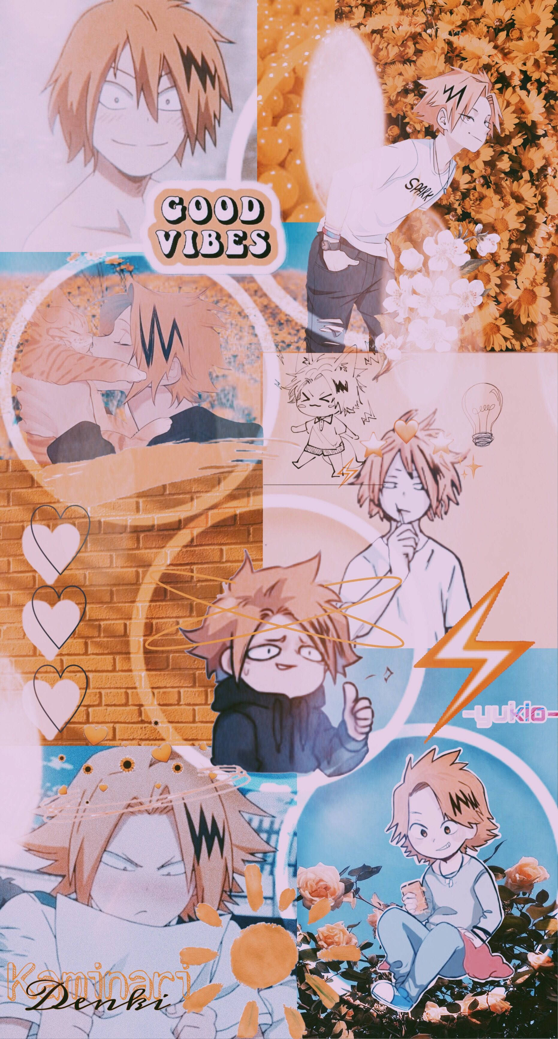 Cute Denki, spiky-haired character, anime collage, 2K Phone Wallpaper