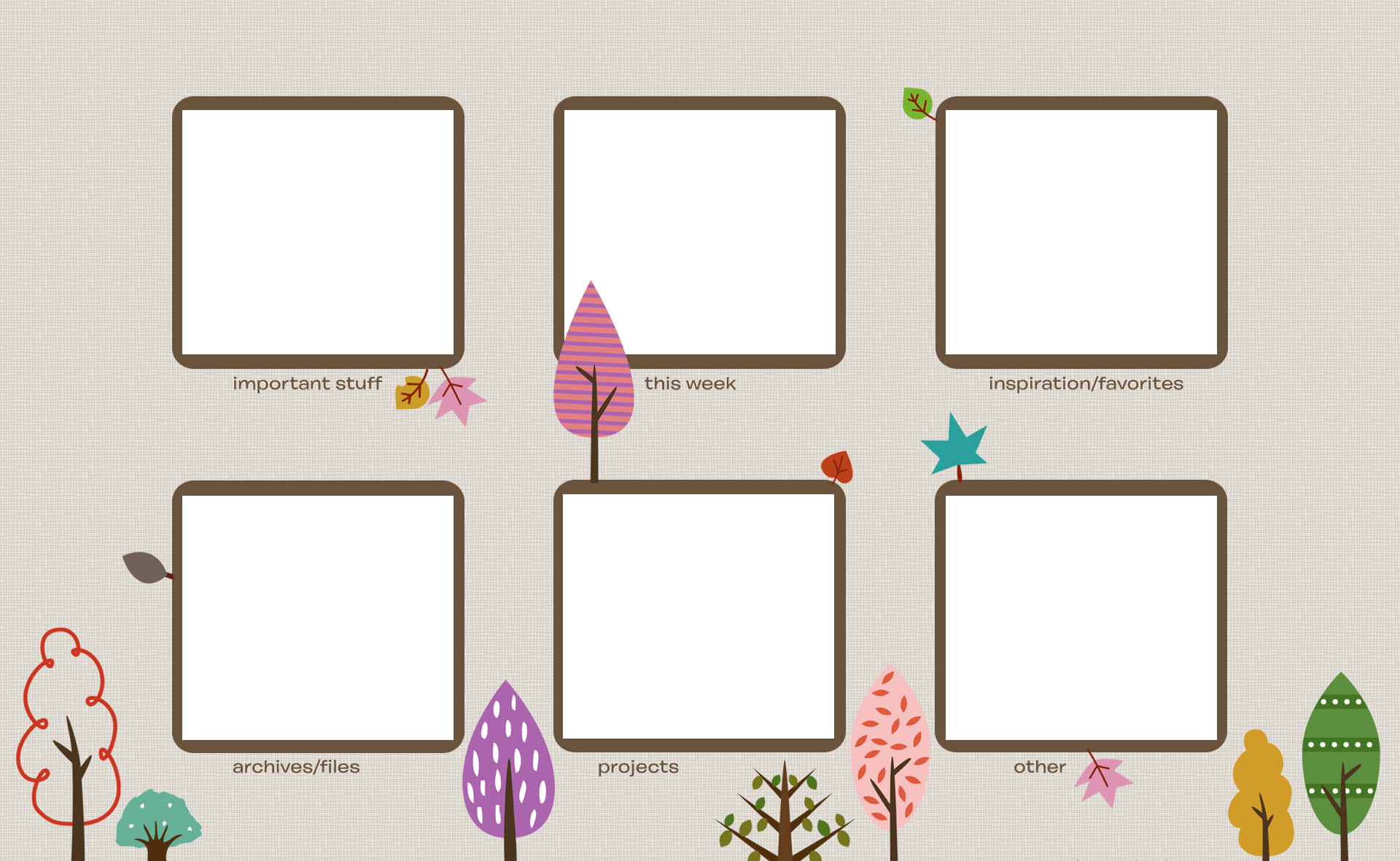 gray background, beige textured wallpaper, six labeled photo frames, Full HD Desktop Wallpaper