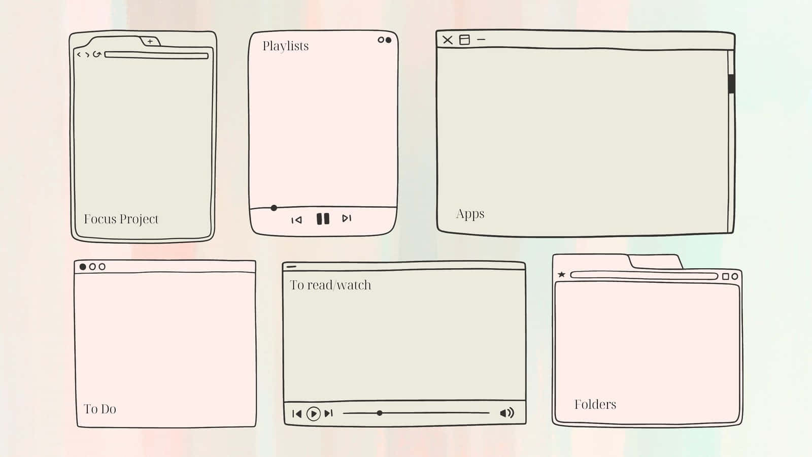 Cute Desktop Folder Organizer, minimalist line-art illustration, six digital interface windows, HD Desktop Wallpaper