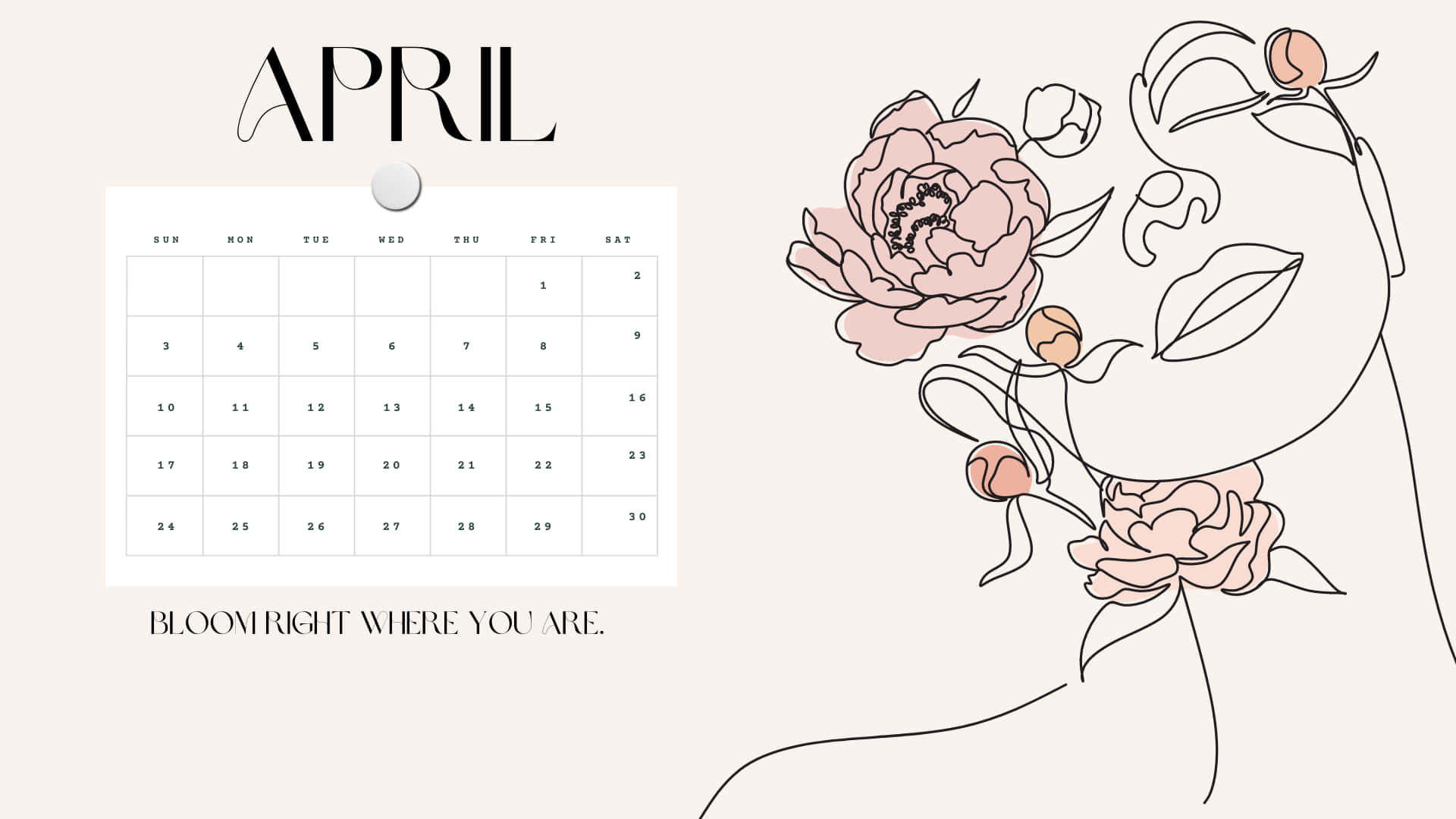 Cute April Desktop Organizer Sketch, April calendar, line-art woman face, Full HD Desktop Wallpaper