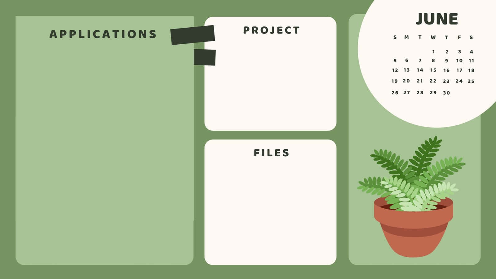 Cute June Calendar Desktop Organizer, minimalist digital planner layout, labeled sections, HD Desktop Wallpaper