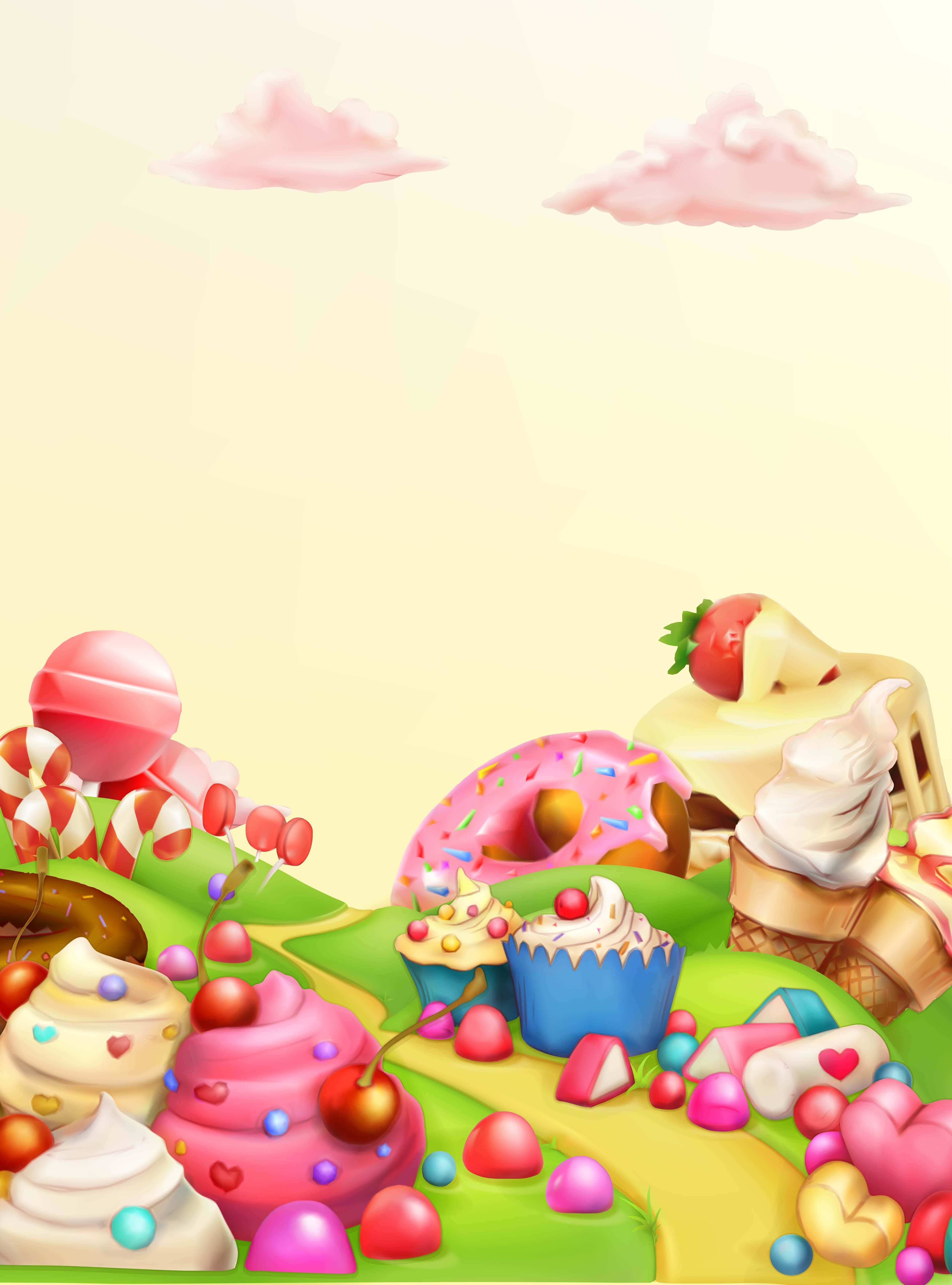 cute dessert, whimsical candy landscape, oversized desserts, 5K Phone Wallpaper