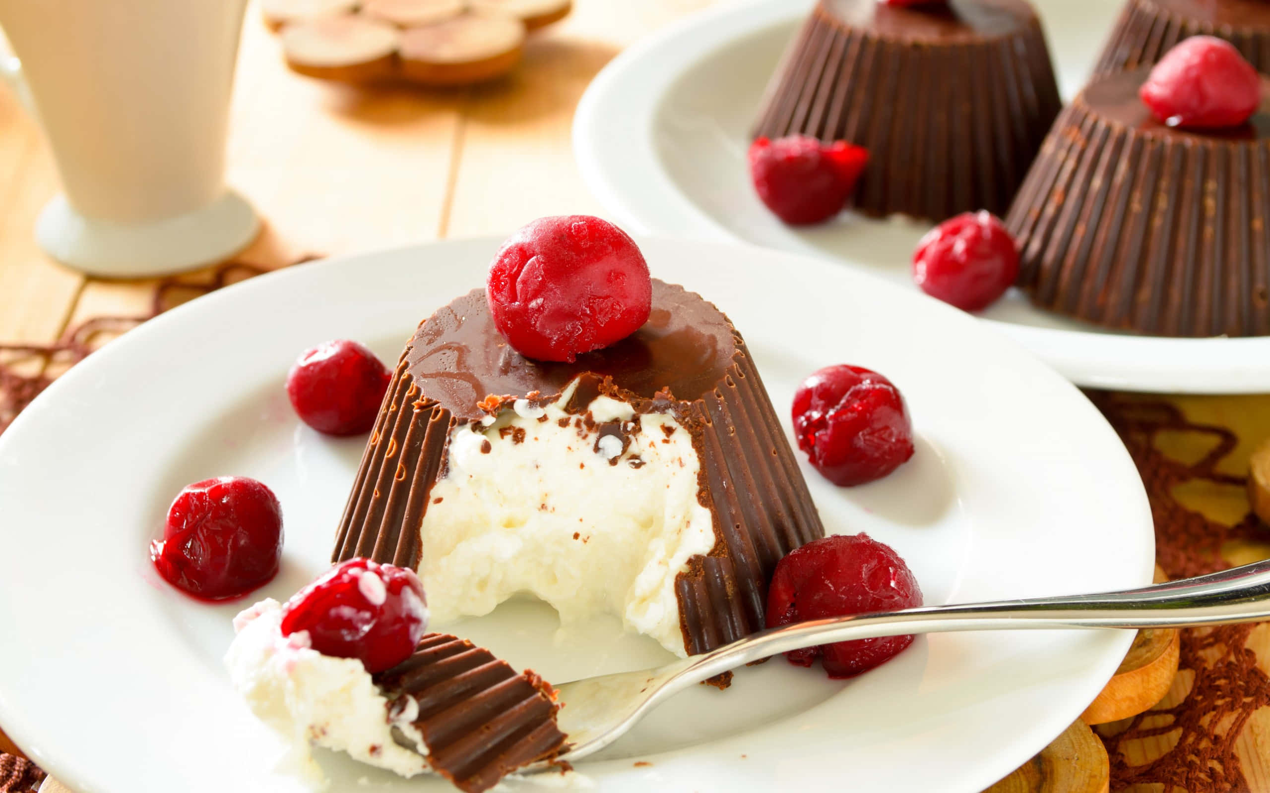 chocolate pudding cup, creamy white filling, glossy red cherries, 2K Desktop Wallpaper