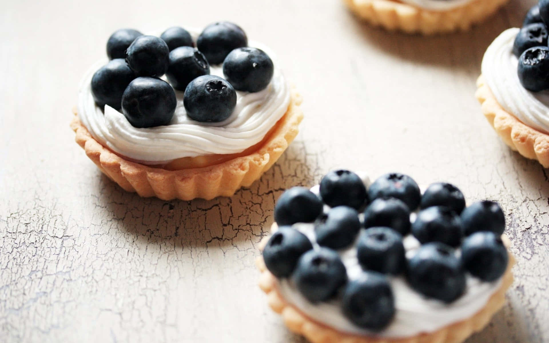 blueberry tarts, whipped cream, weathered wooden surface, Full HD Desktop Wallpaper