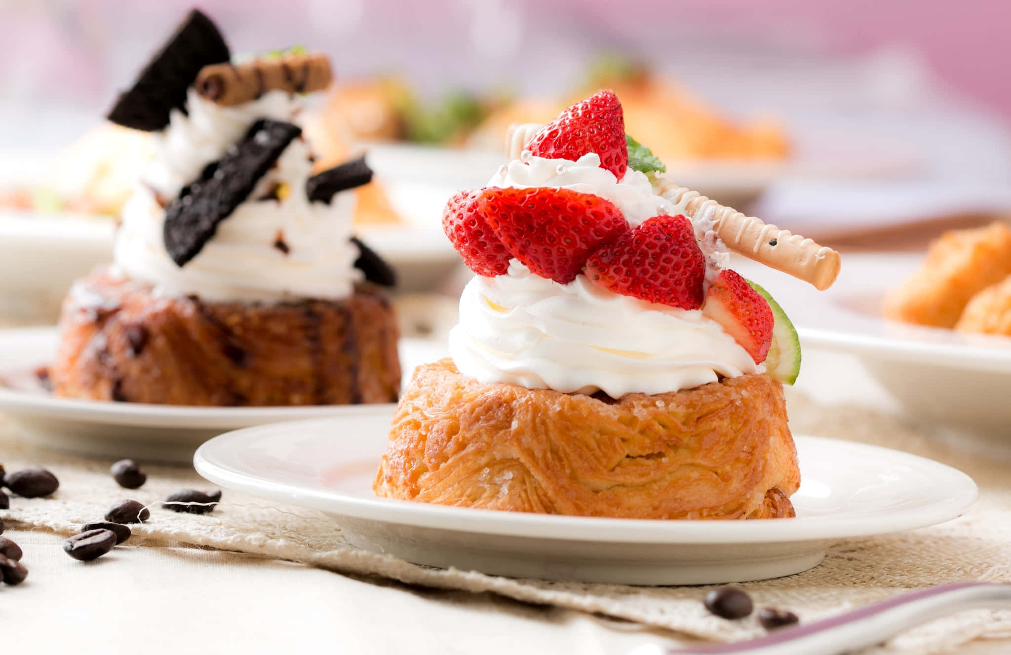 golden pastry, whipped cream, fresh strawberries, Full HD Desktop Wallpaper