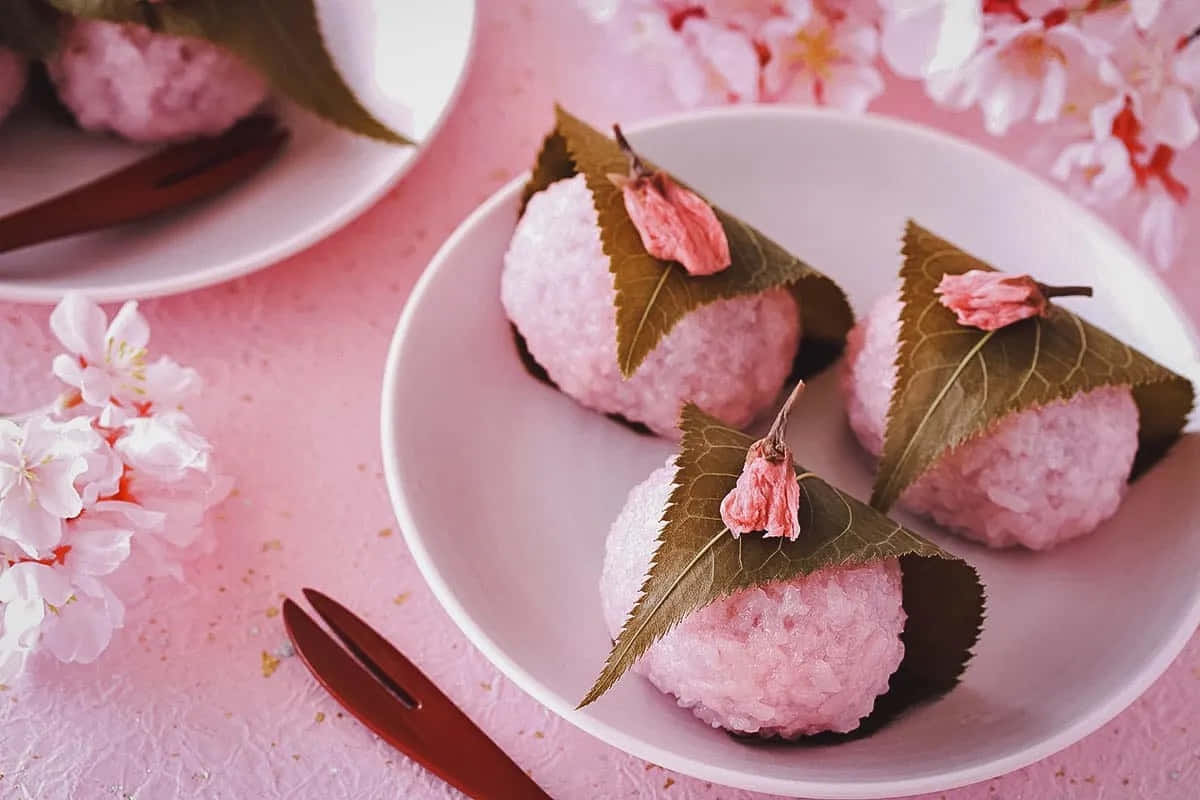 pink mochi balls, green leaves, cherry blossoms, SD Desktop Wallpaper