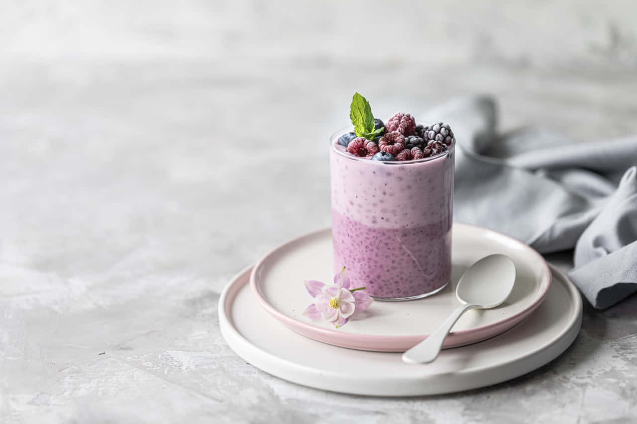pink macarons, strawberries, purple chia pudding, HD Desktop Wallpaper