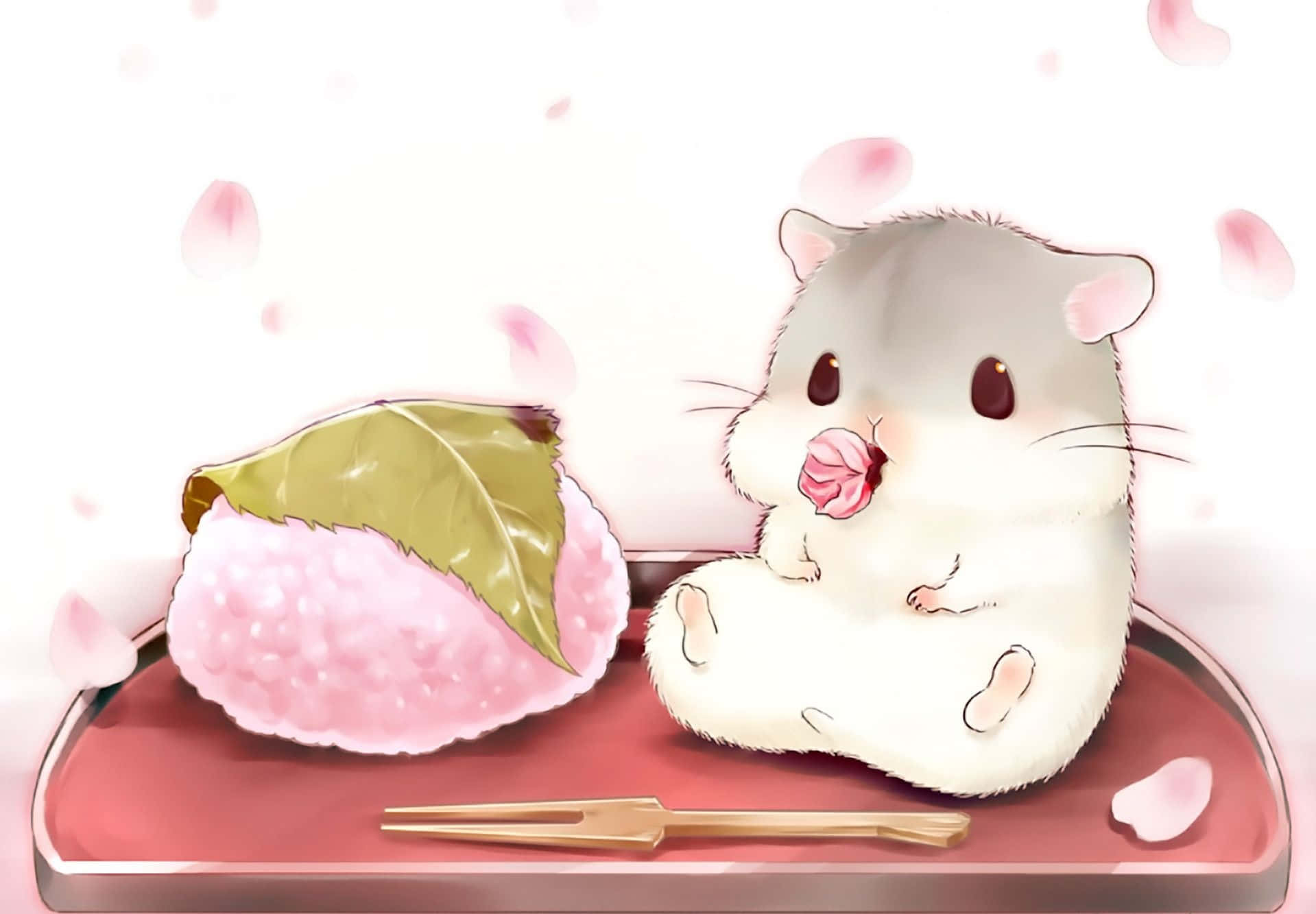 kawaii dessert, grey hamster, red tray, HD Desktop Wallpaper