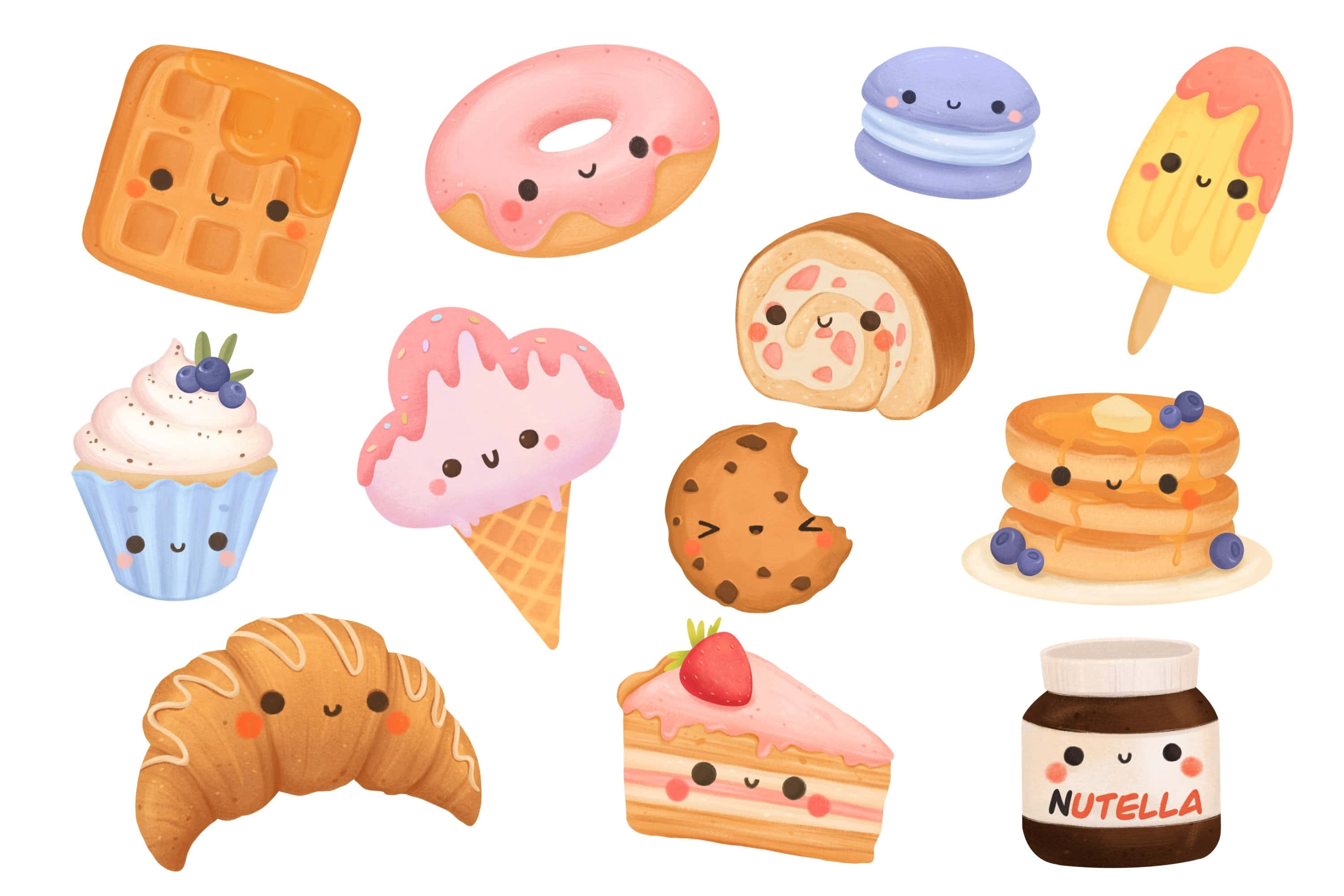 cute dessert, pastel-colored, smiling faces, 2K Desktop Wallpaper