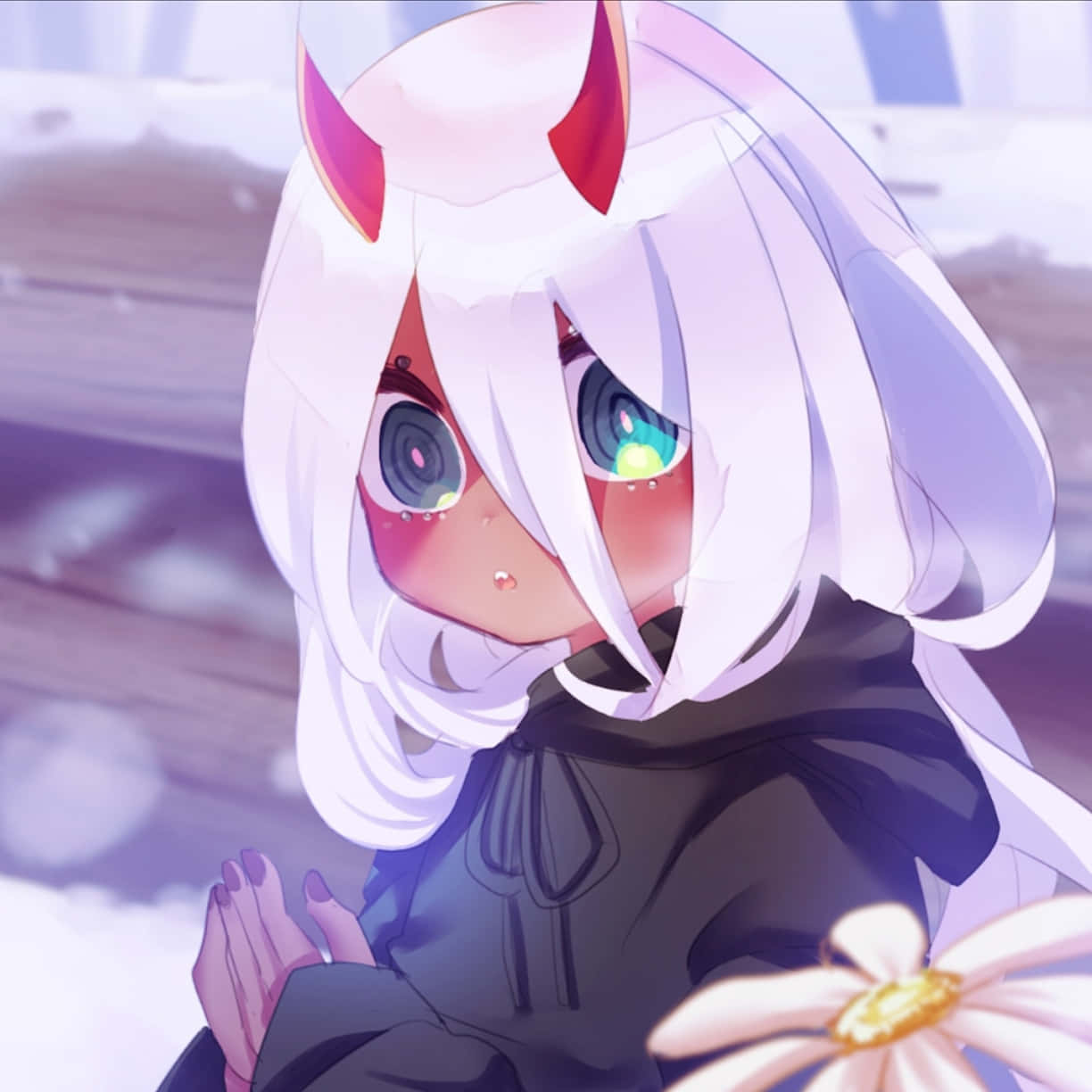 cute devil girl, white hair, red horns, SD Desktop Wallpaper