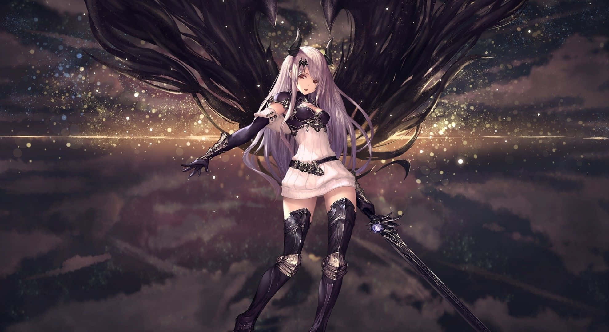 Cute Devil Girl, pale-haired anime girl, black wings, Full HD Desktop Wallpaper