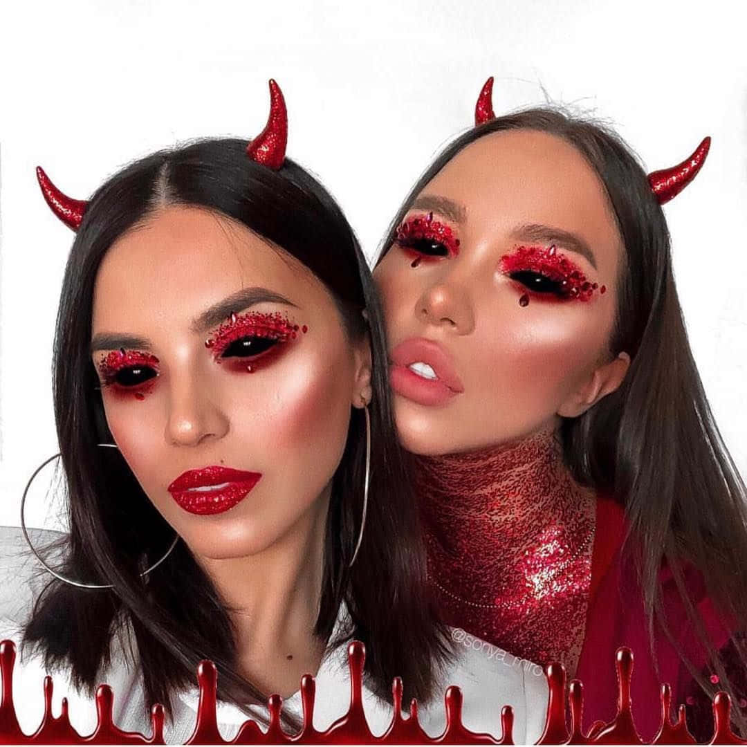 Cute Devil Girl, glittery red devil horns, dramatic makeup, SD Desktop Wallpaper