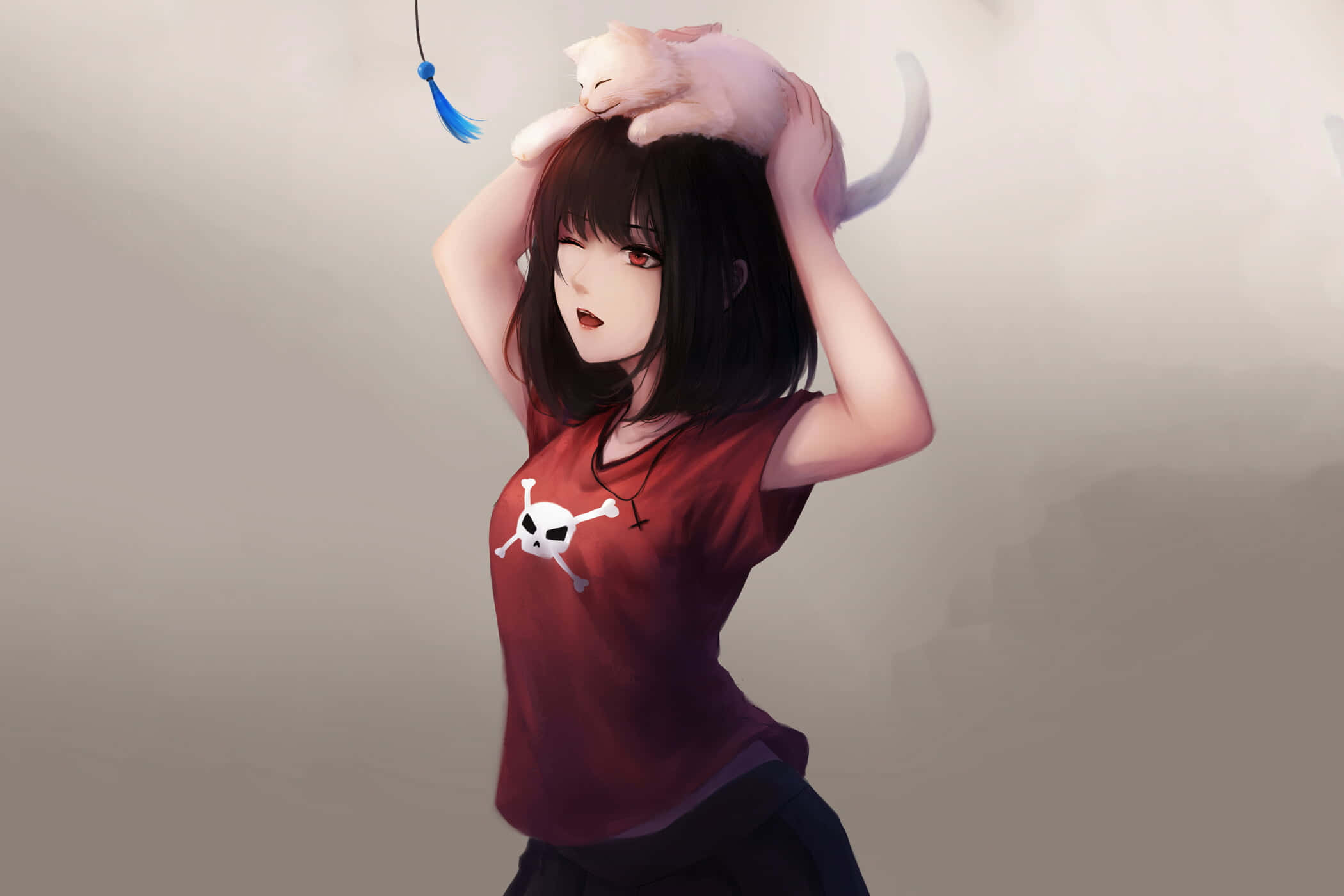 cute devil girl, dark hair, white cat, Full HD Desktop Wallpaper