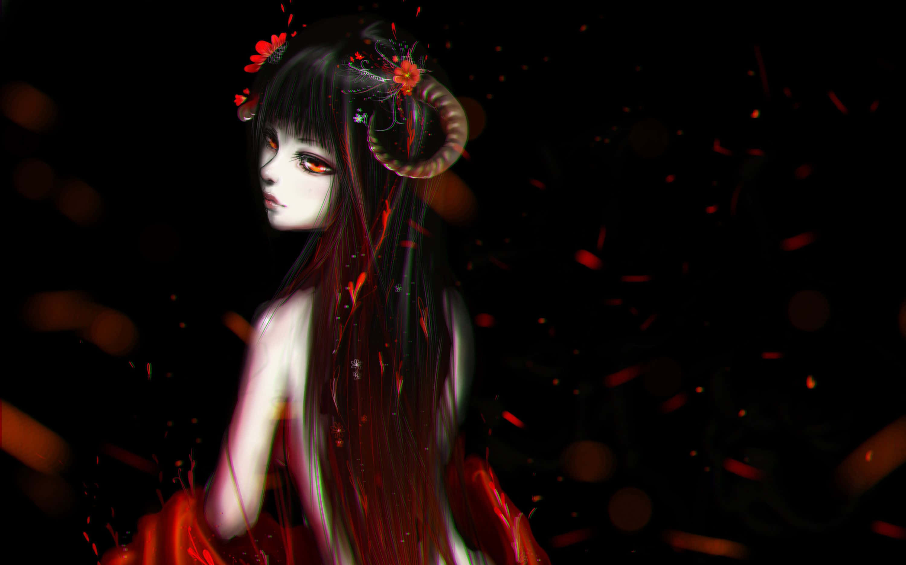 long hair, red dress, glowing red eyes, 2K Desktop Wallpaper