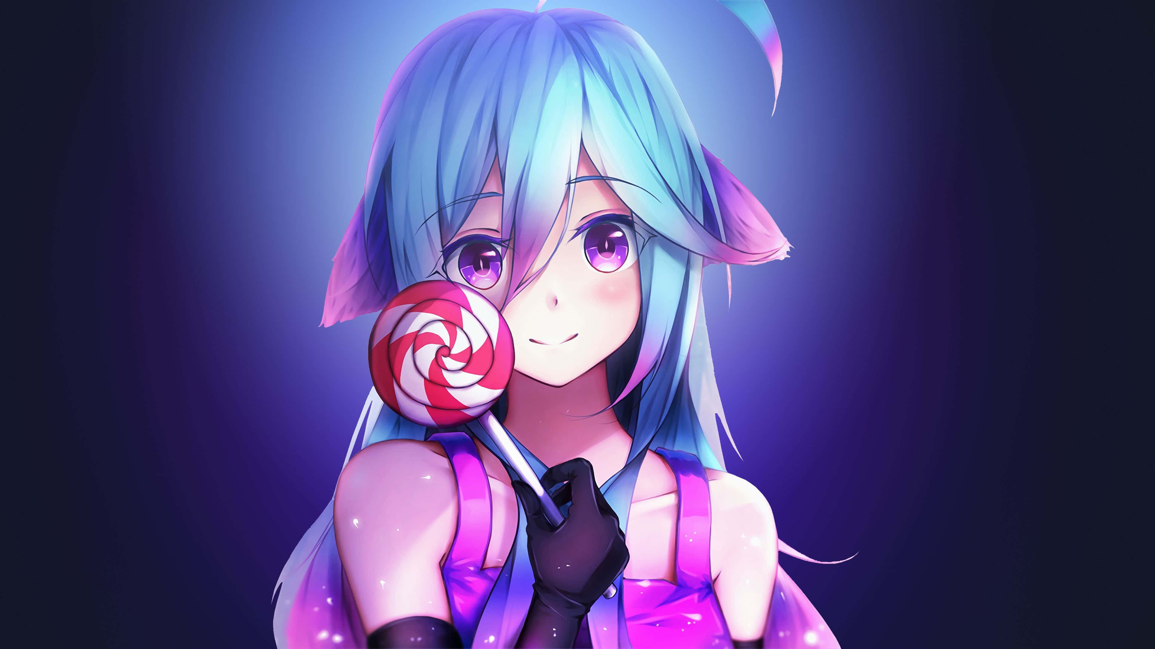 cute devil girl, blue hair, purple eyes, 4K Desktop Wallpaper