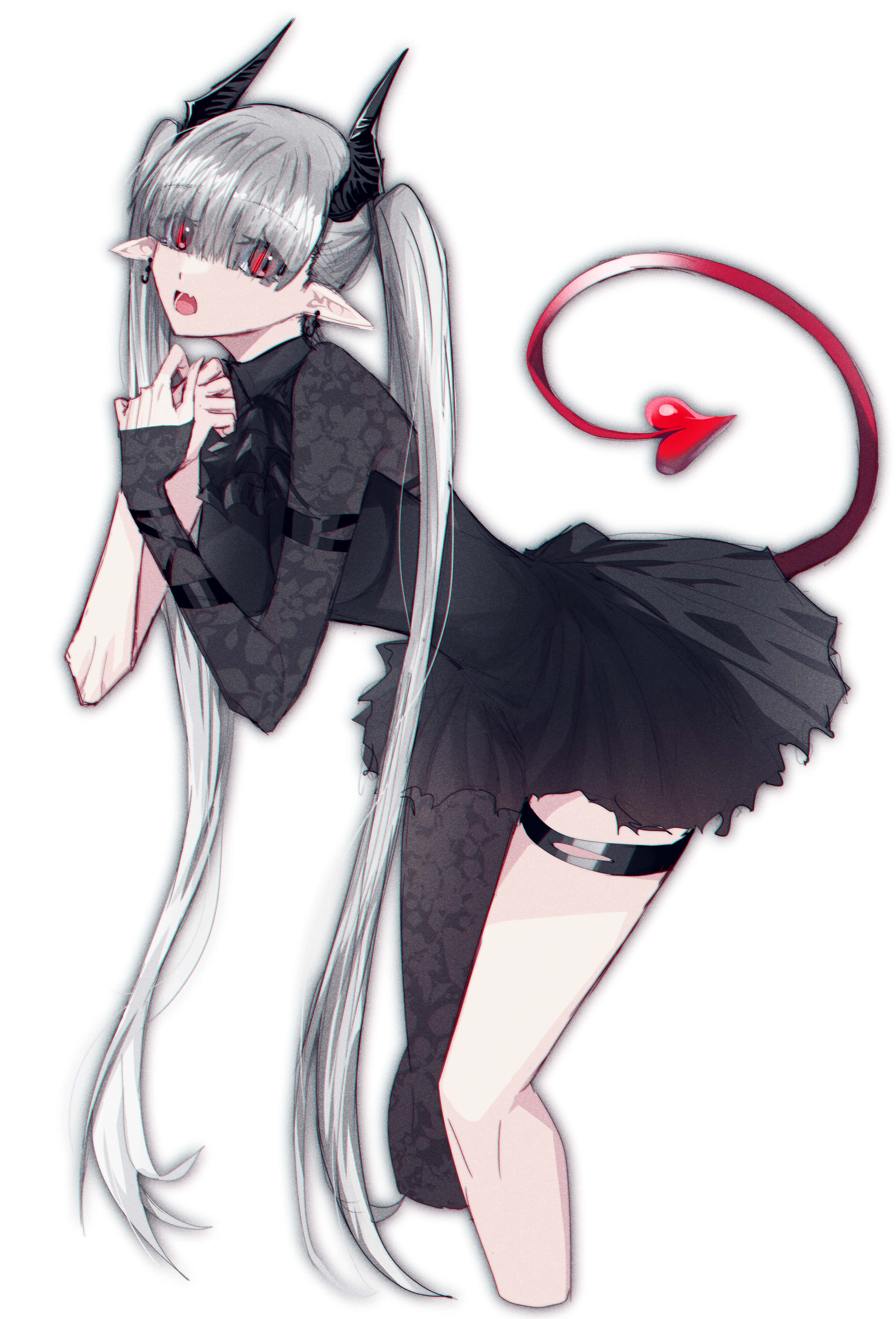 Cute Devil Girl, silver hair, black horns, 4K Phone Wallpaper