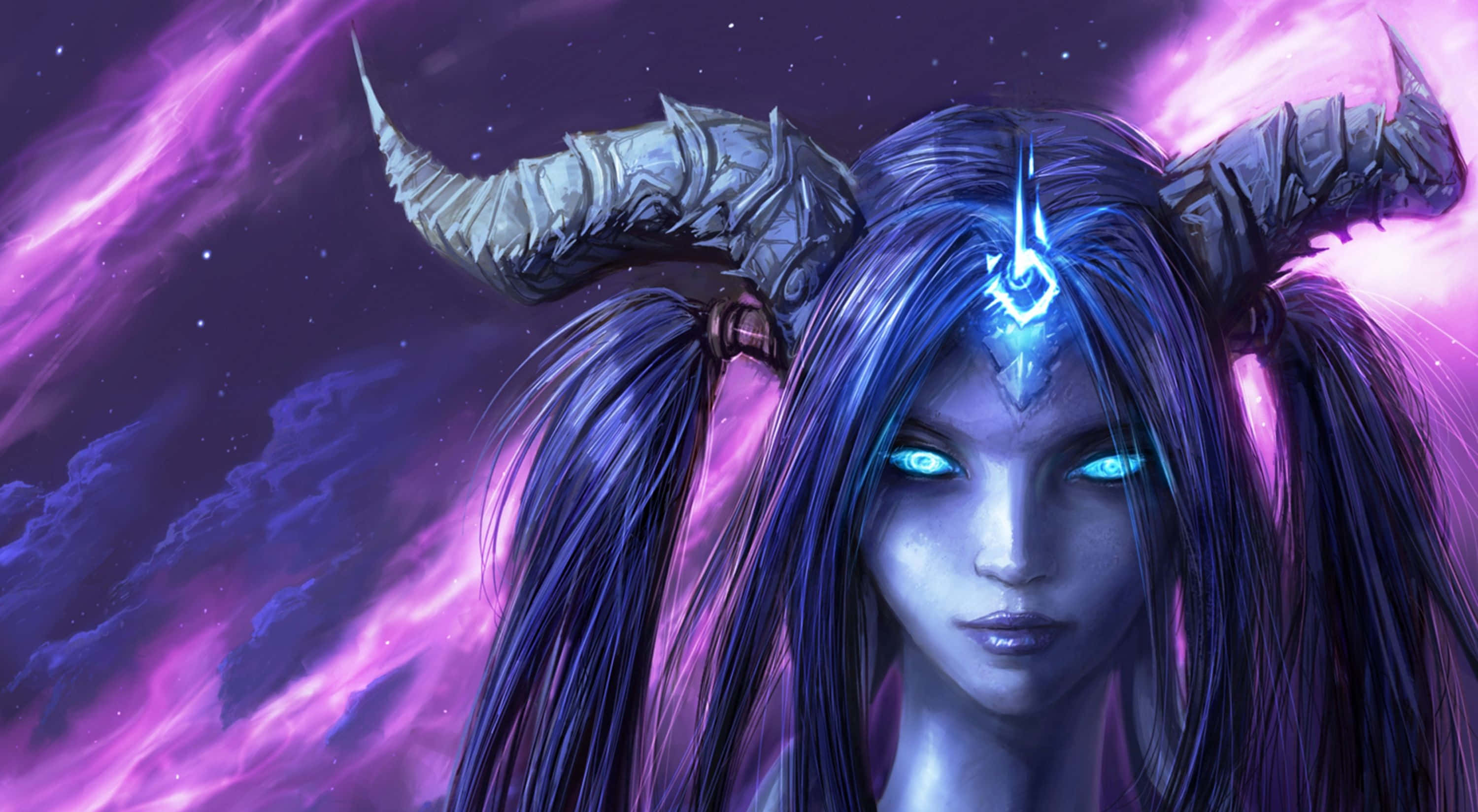 cute devil girl, glowing blue eyes, armored horns, 2K Desktop Wallpaper