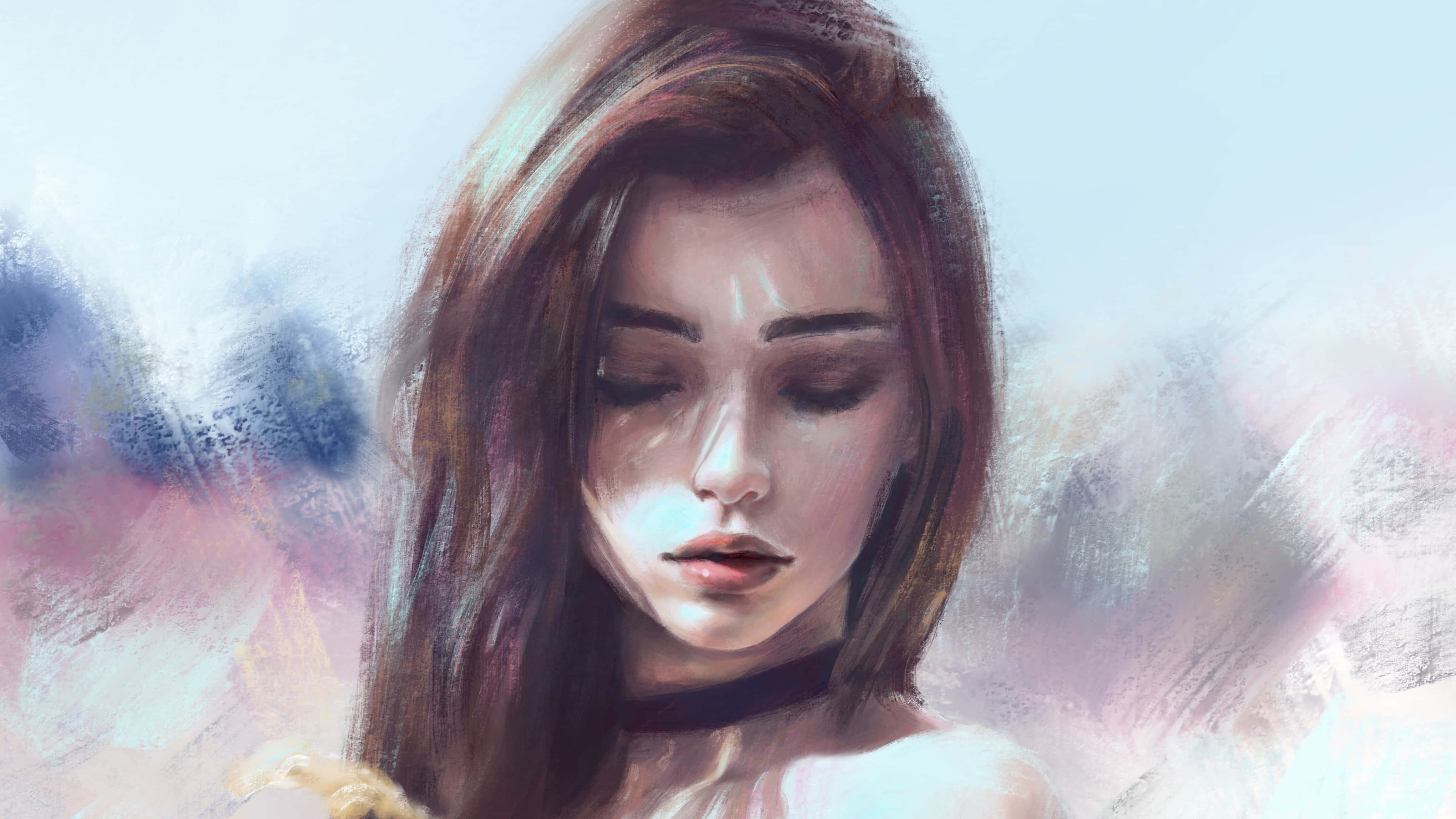 cute digital art, serene digital painting, woman with closed eyes, 4K Desktop Wallpaper