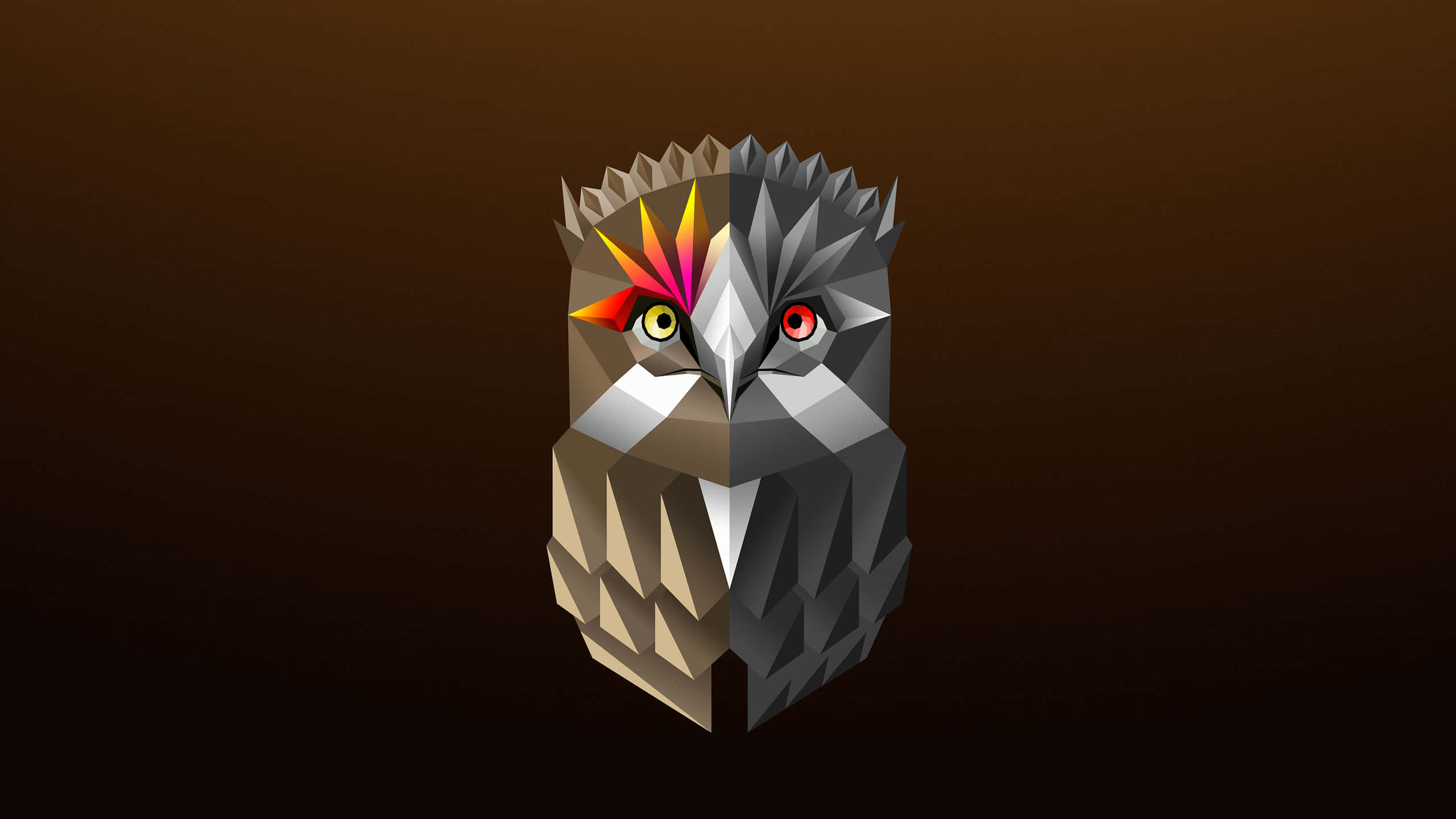 playful pink and yellow creature, stars in its eyes, stylized geometric owl, 2K Desktop Wallpaper