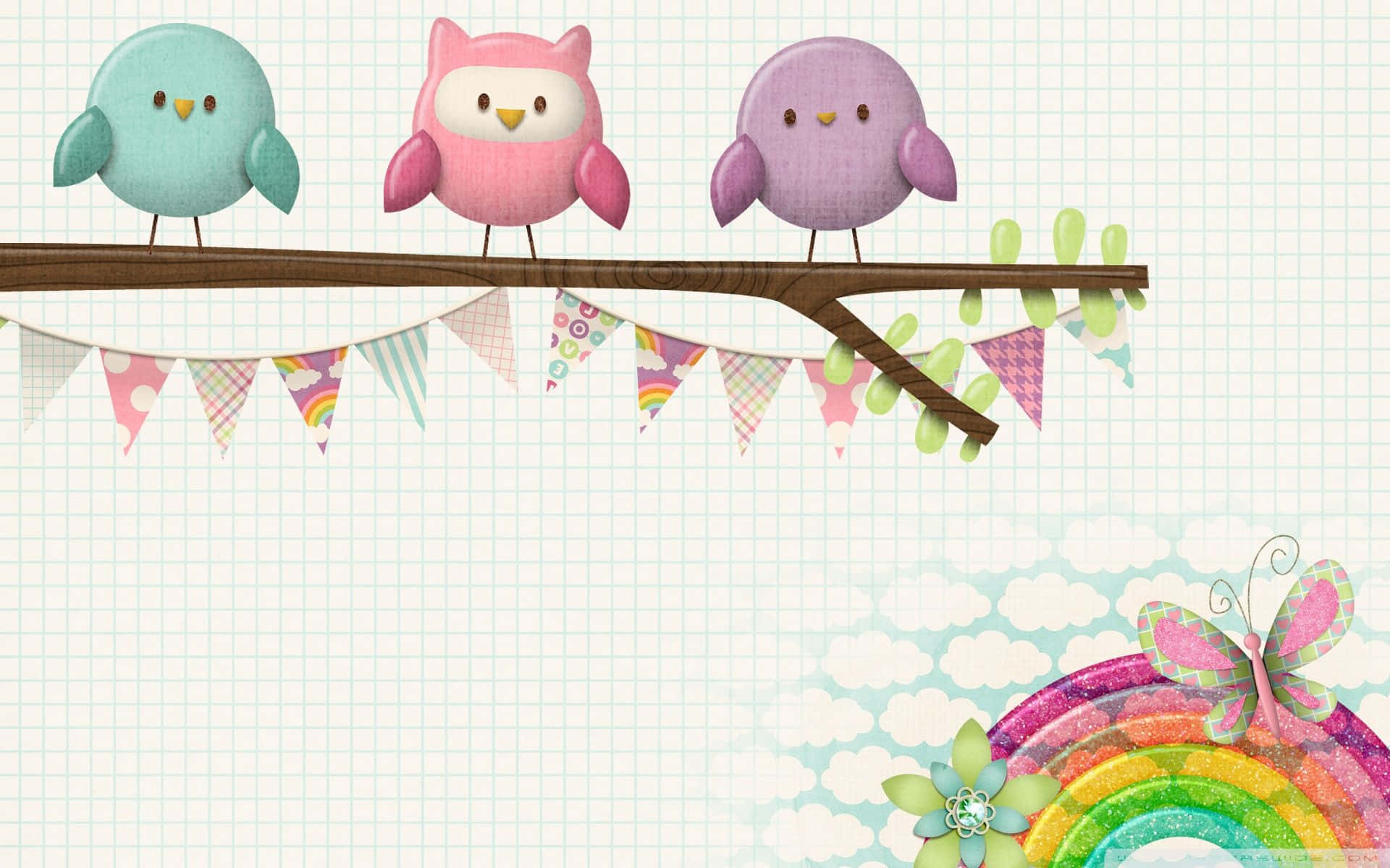 cute cartoon birds, branch, colorful bunting, Full HD Desktop Wallpaper