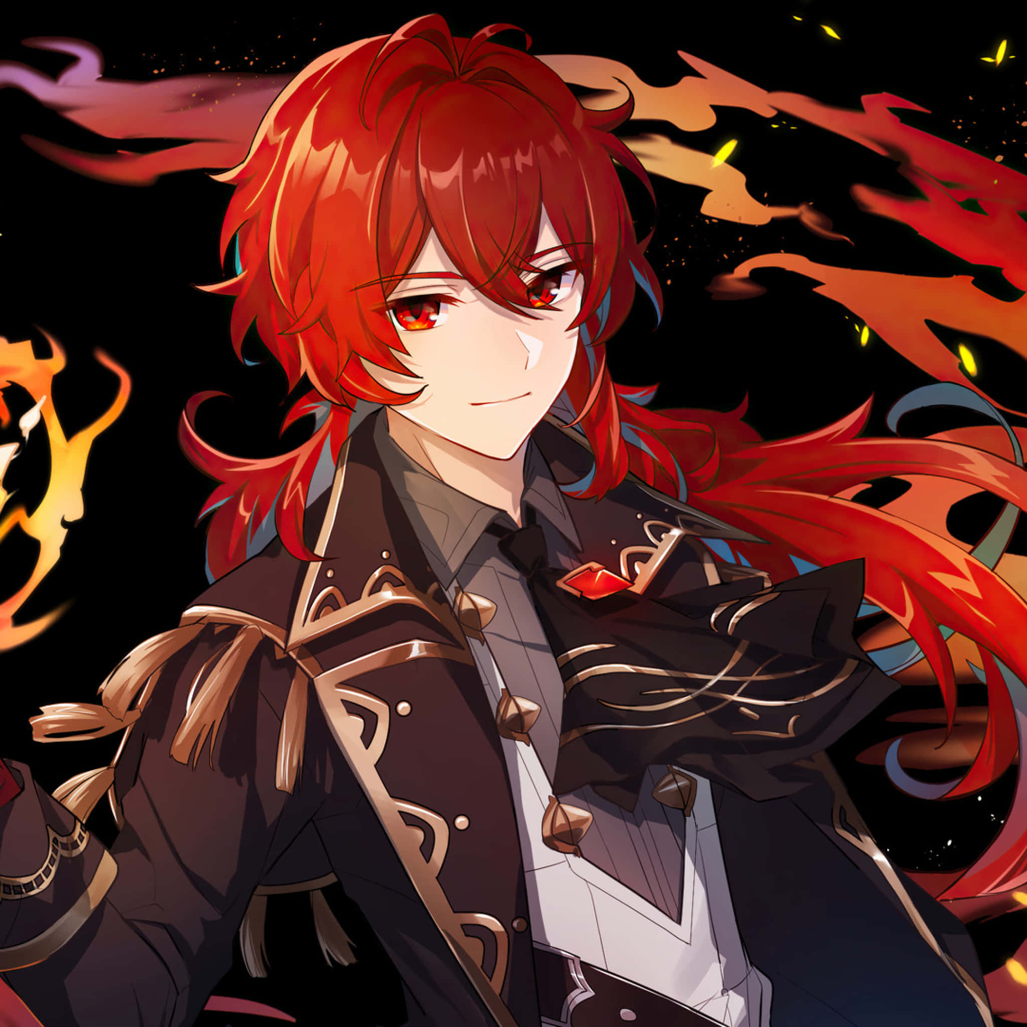 fiery-haired anime character, red eyes, ornate black coat, Full HD Desktop Wallpaper