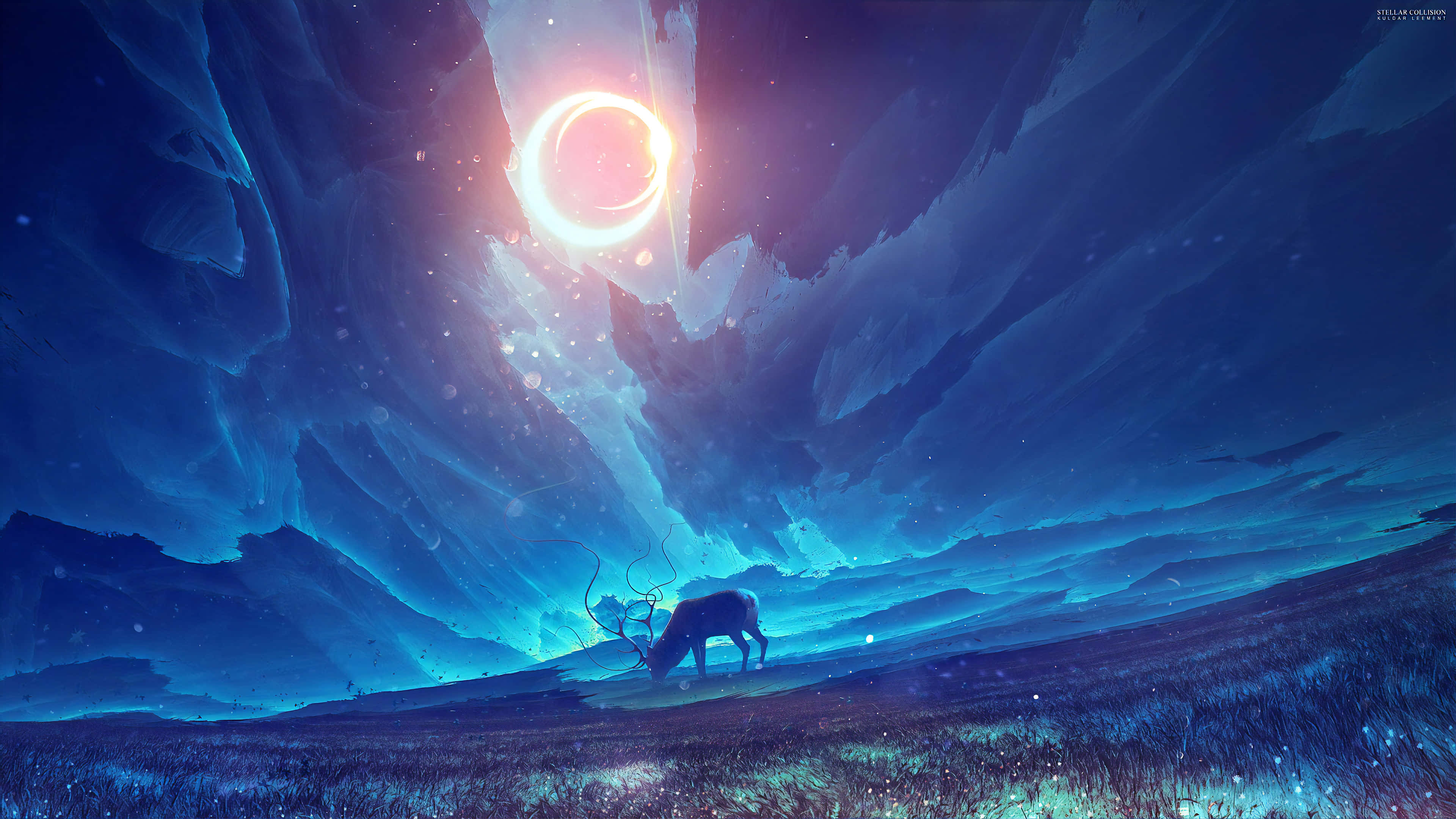 glowing ringed celestial body, vast blue-hued alien landscape, lone deer, 4K Desktop Wallpaper