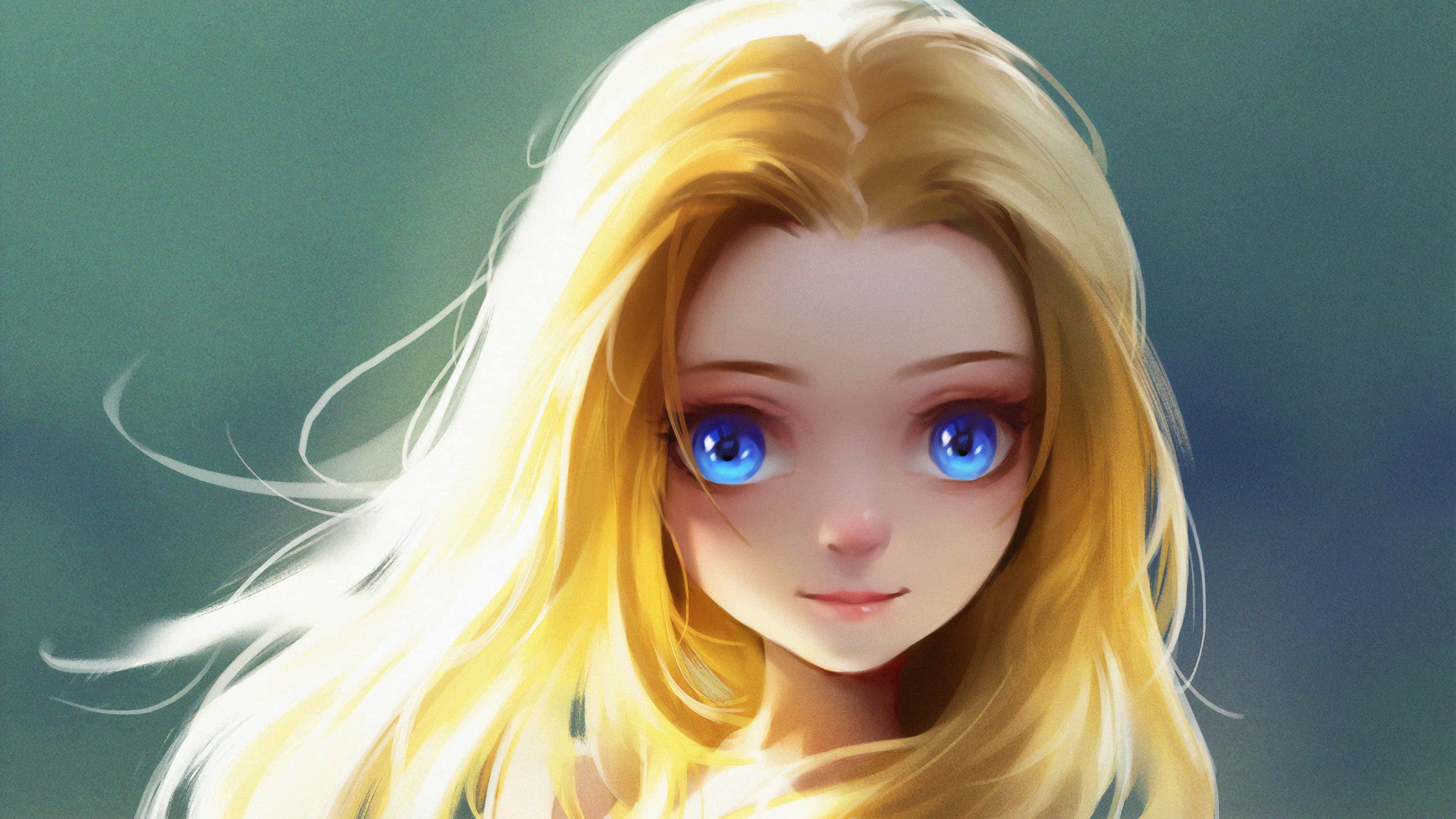 anime girl, flowing blonde hair, striking blue eyes, 2K Desktop Wallpaper