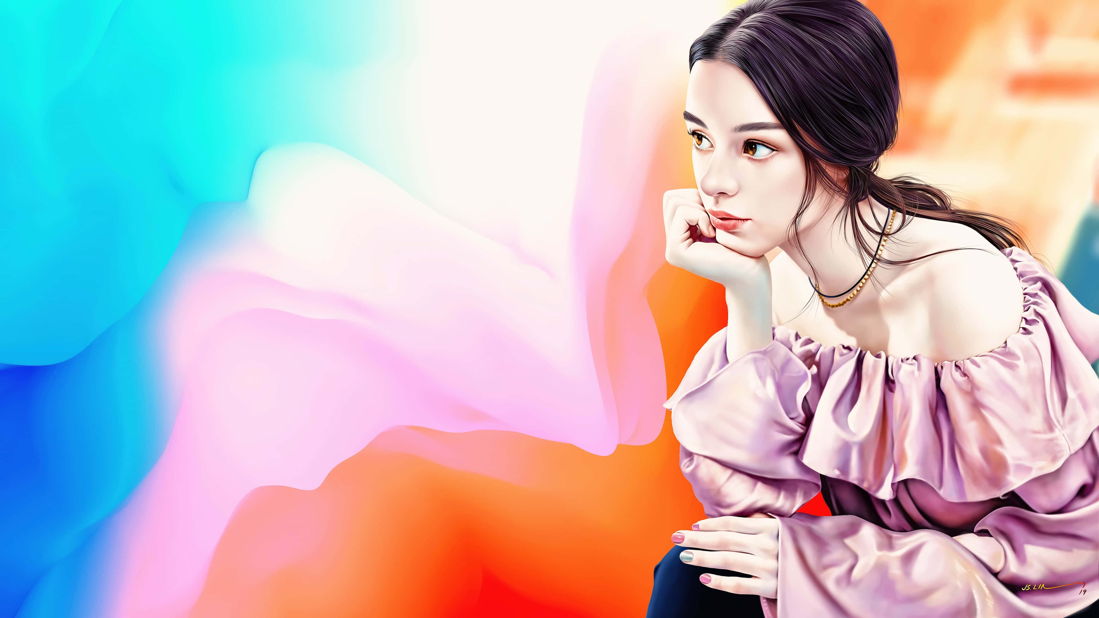 lavender off-shoulder dress, vibrant abstract background, flowing blue pink and orange hues, 4K Desktop Wallpaper