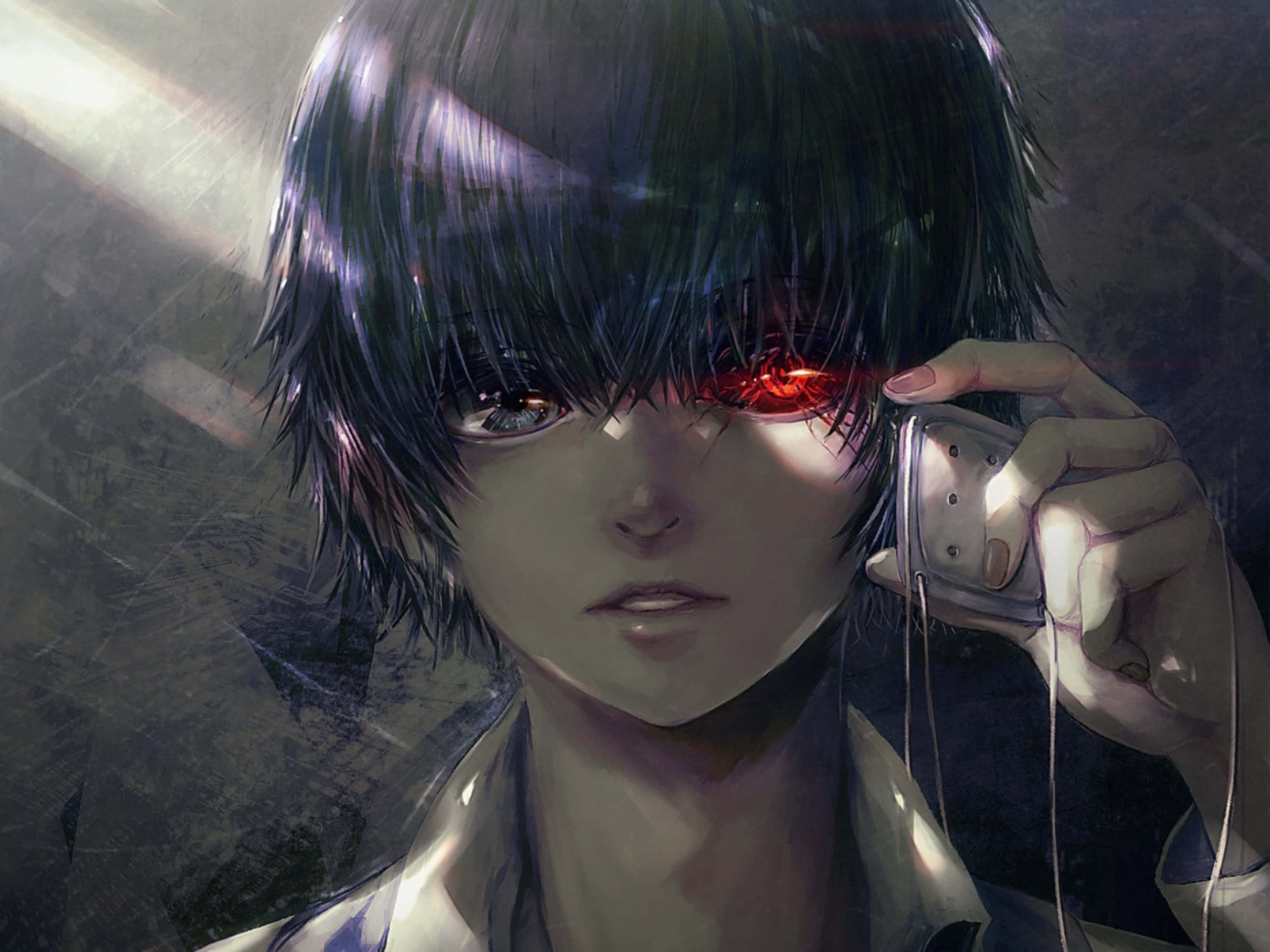 dark-haired anime character, glowing red eye, phone, 2K Desktop Wallpaper
