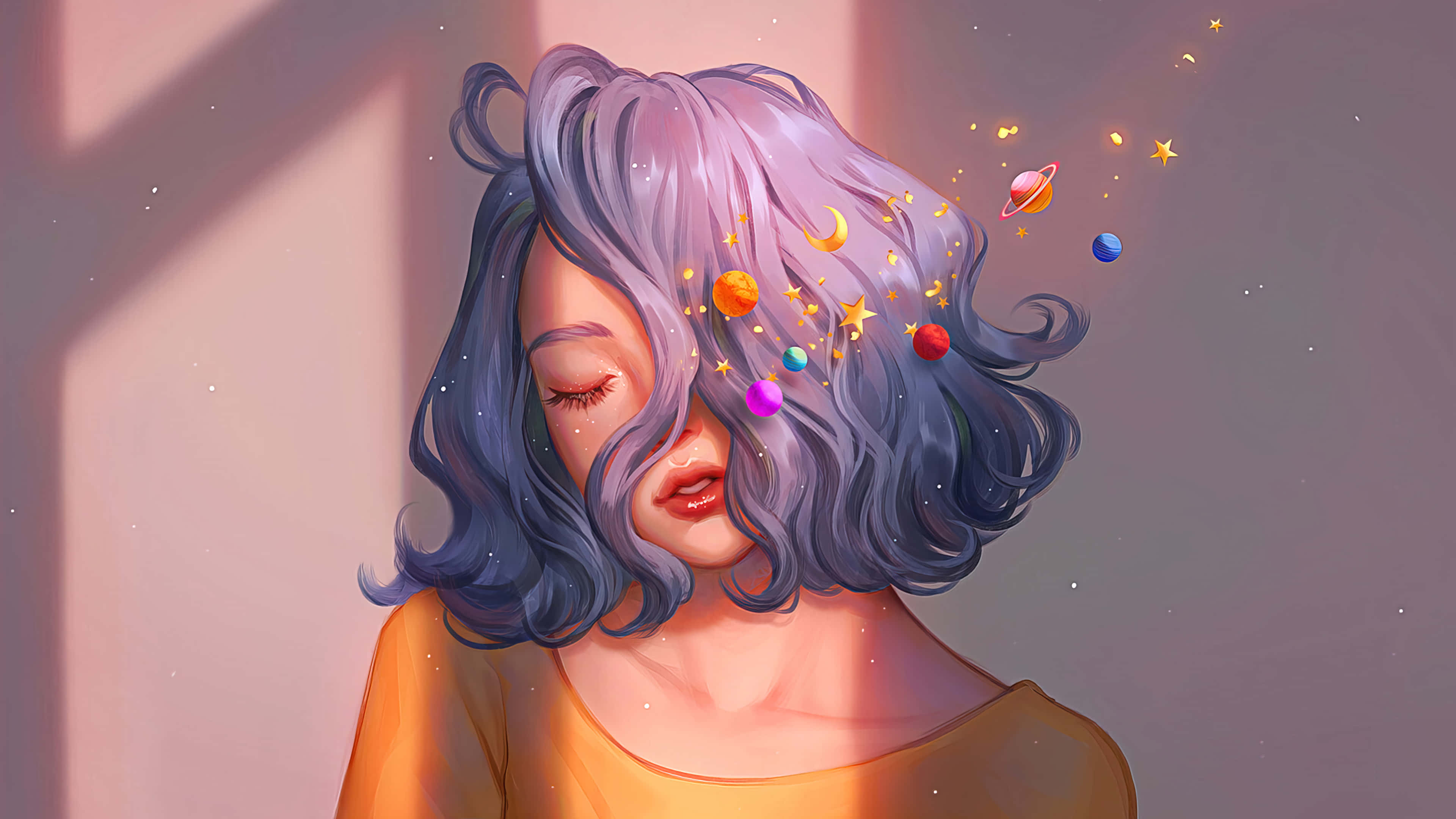 anime girl, purple hair, cosmic planets, 4K Desktop Wallpaper