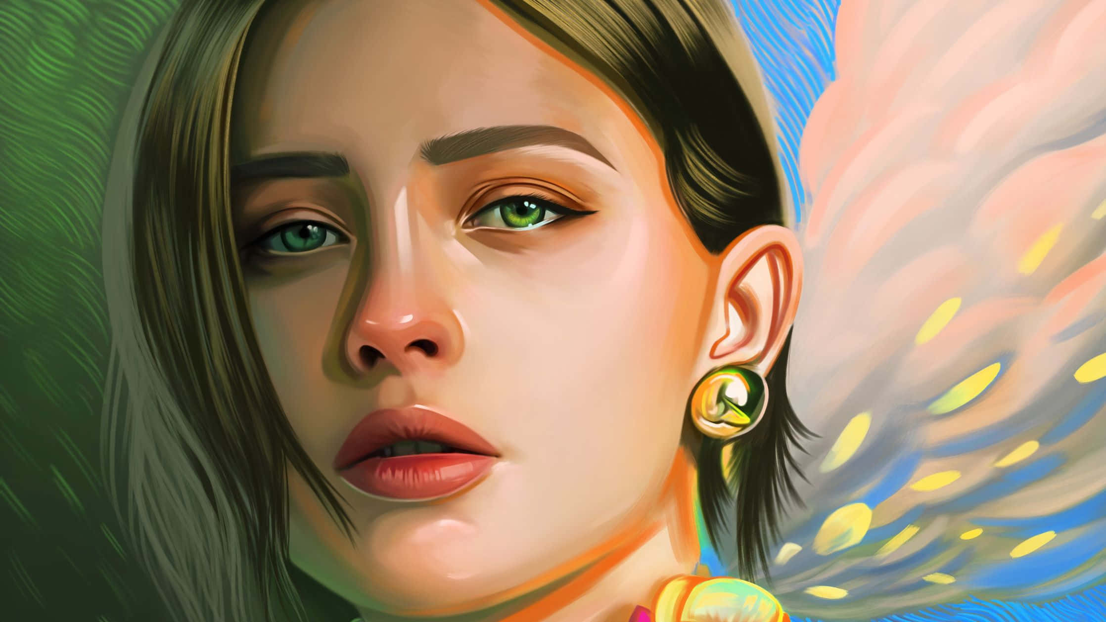 Cute Digital Art, green eyes, flowing hair, Full HD Desktop Wallpaper