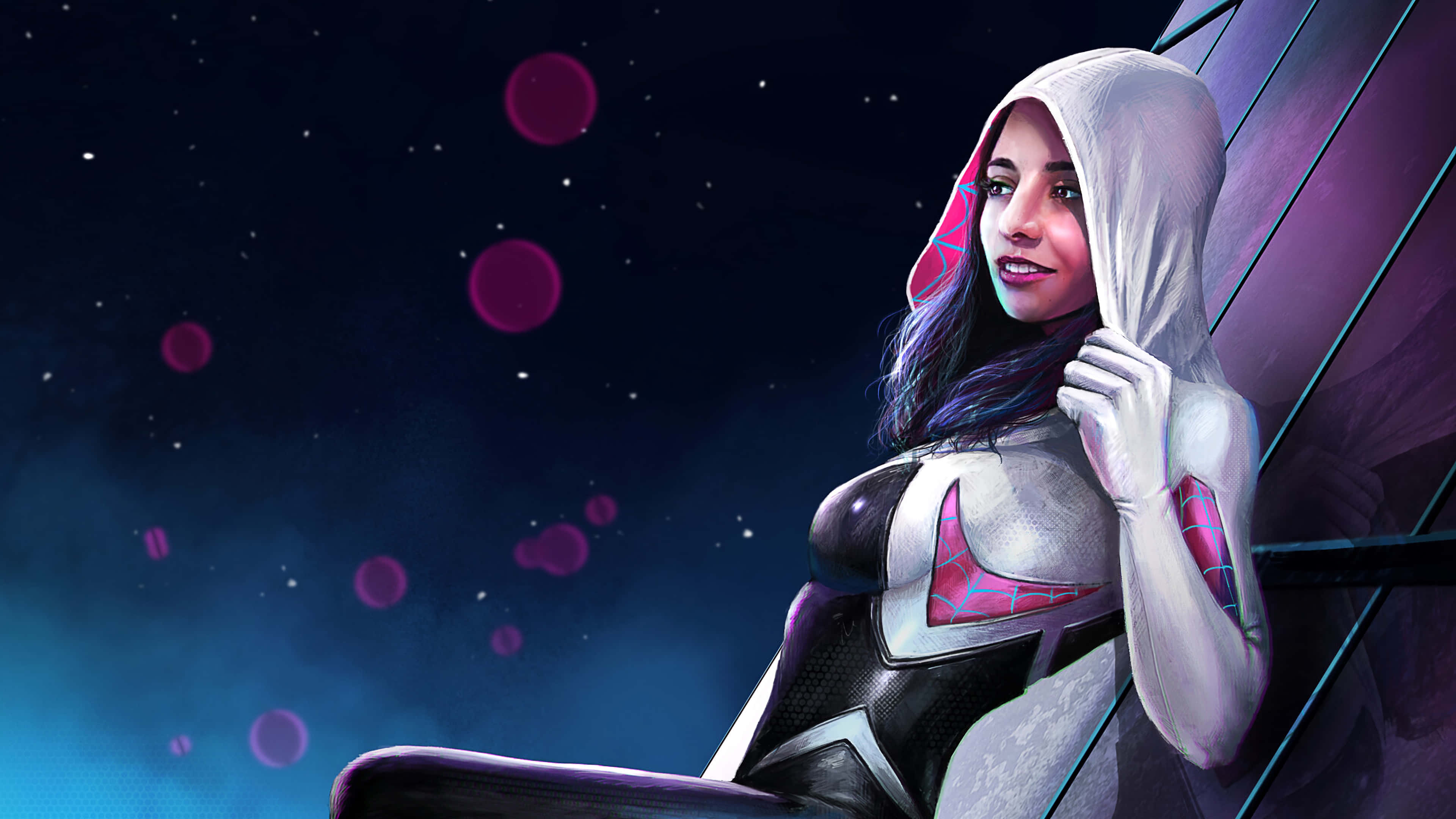female superhero, white and pink suit, starry night sky, 4K Desktop Wallpaper