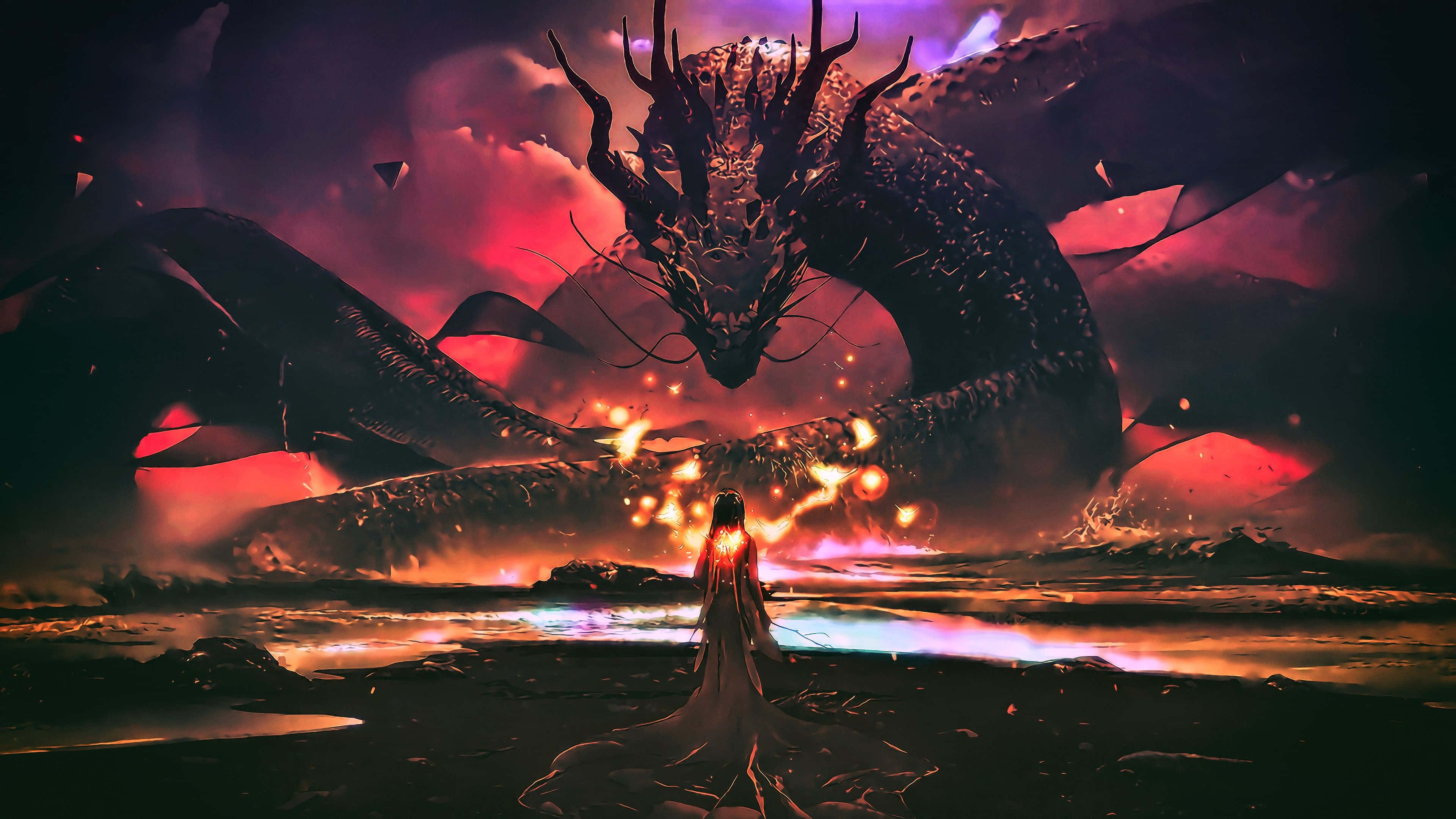glowing robe, colossal dark dragon, fiery crimson and purple stormy sky, 4K Desktop Wallpaper