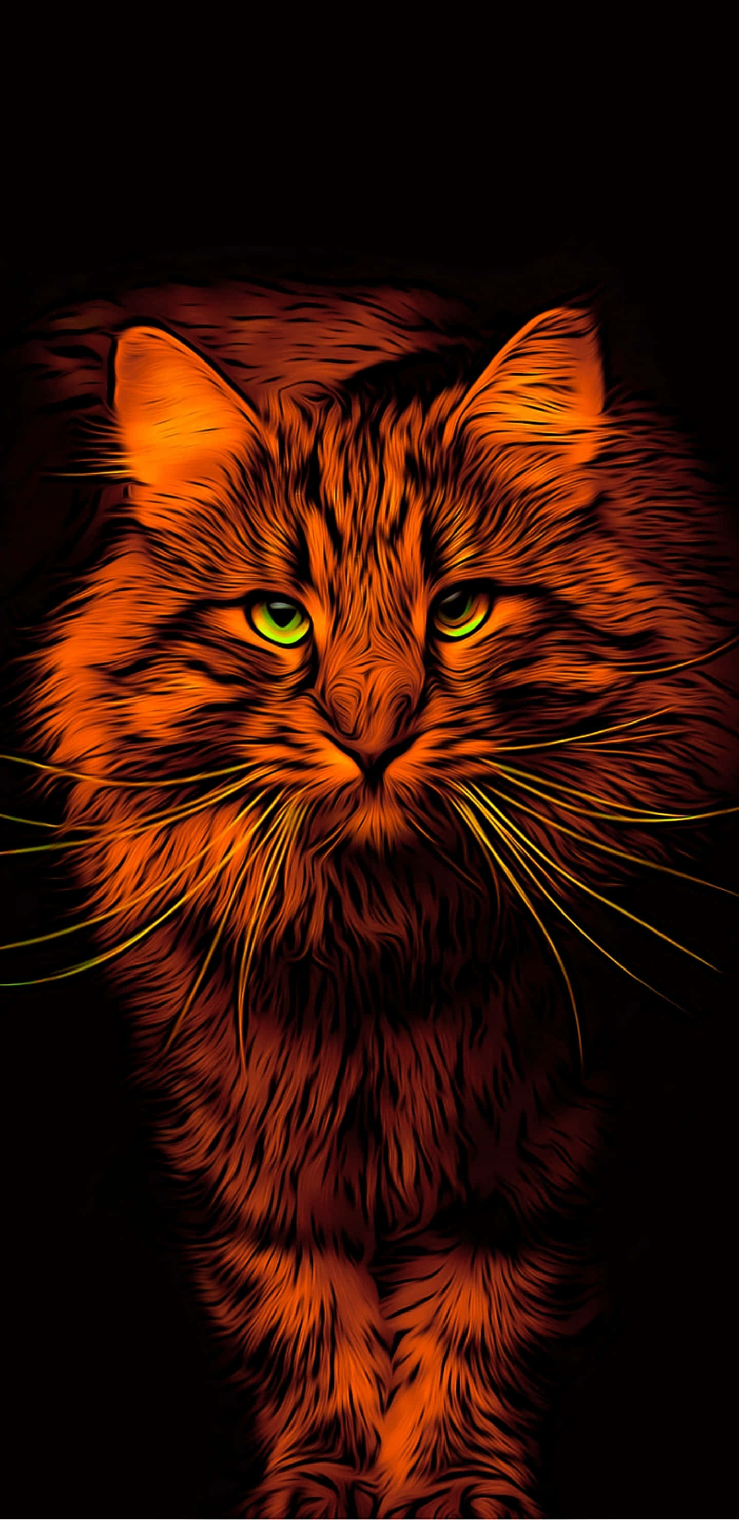 fiery orange cat, glowing green eyes, black background, 2K Phone Wallpaper