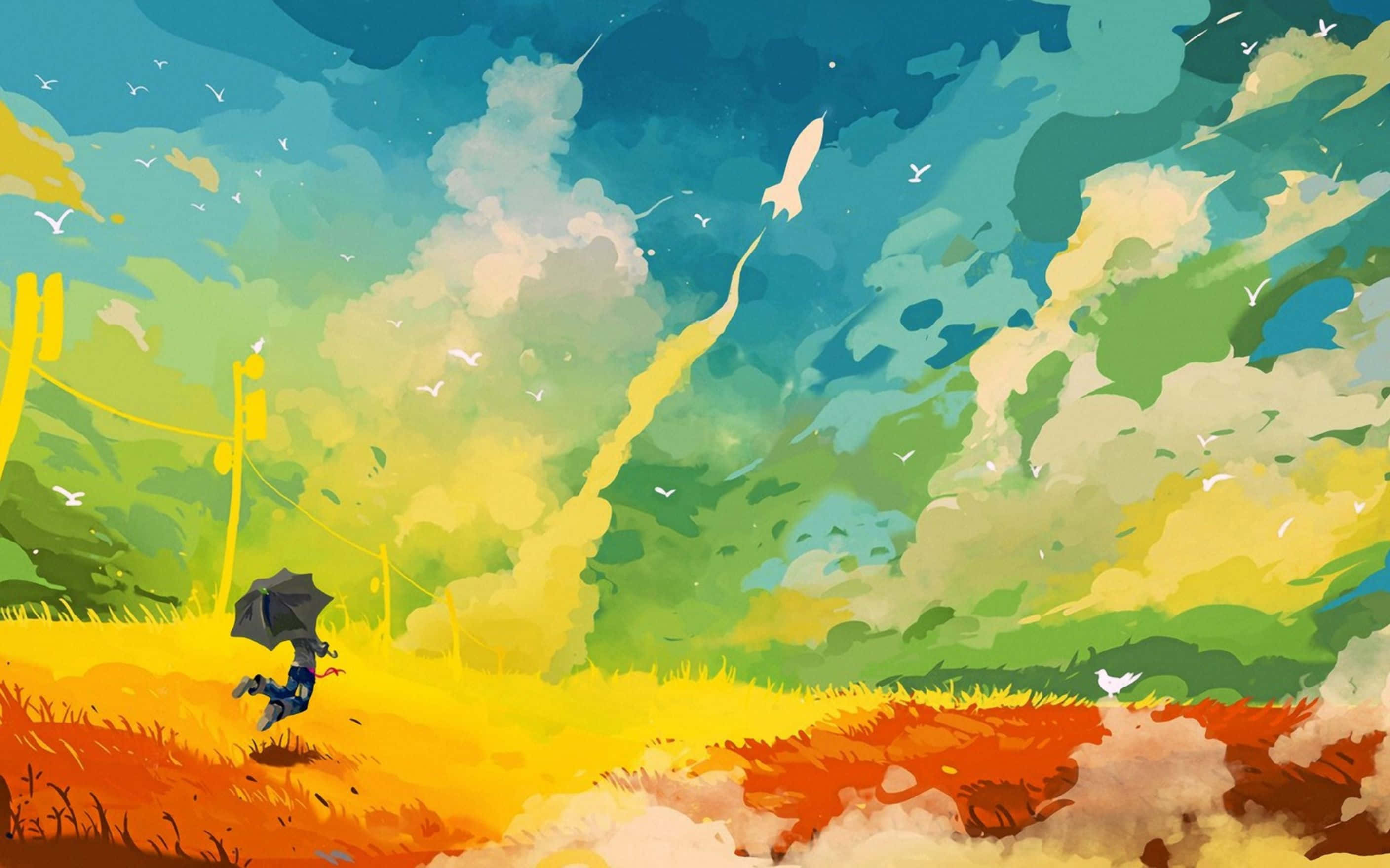 umbrella, vibrant field, rocket, 2K Desktop Wallpaper