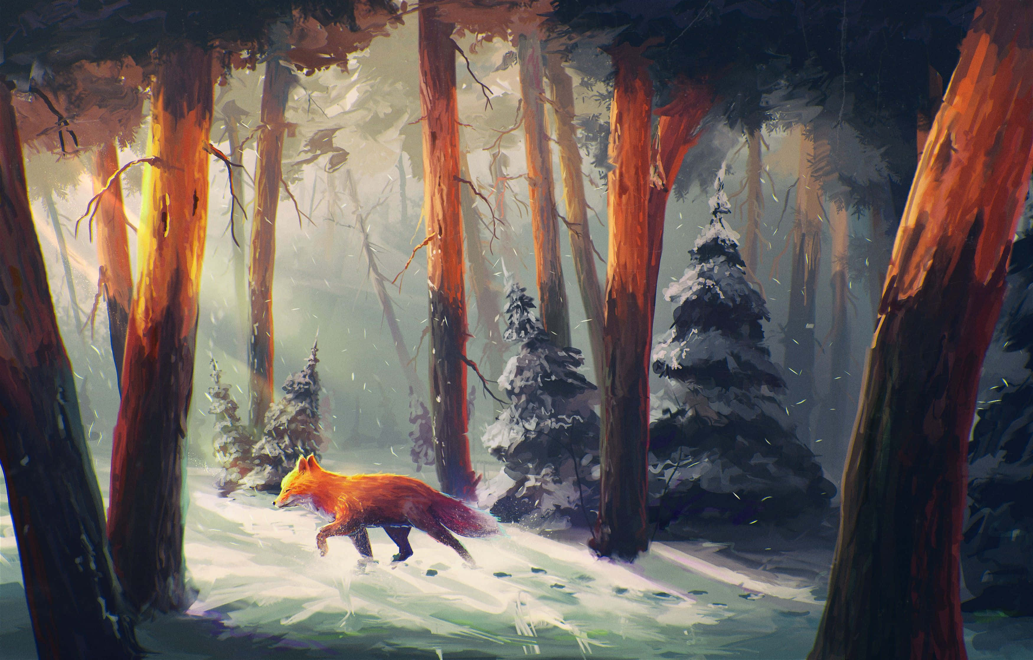 glowing orange fox, snowy forest, tall trees, 2K Desktop Wallpaper