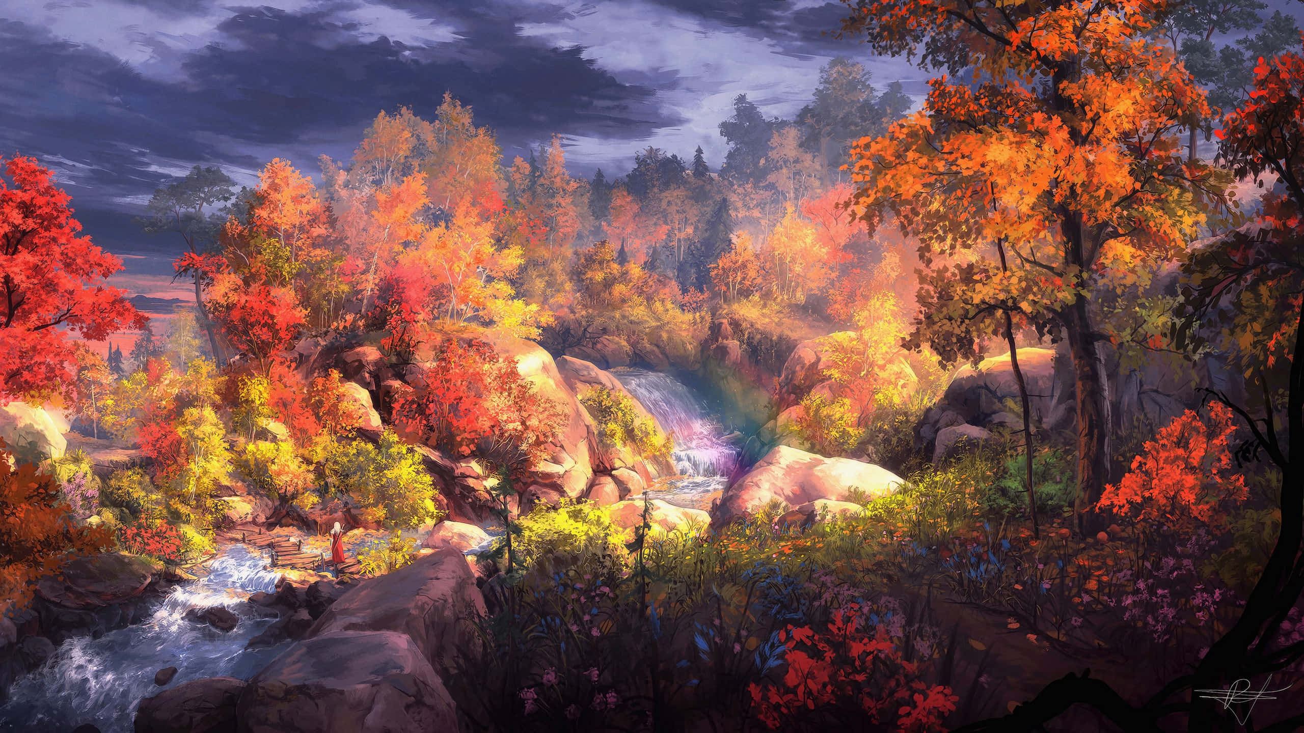 Cute Digital Art, autumn forest, fiery red and orange trees, 2K Desktop Wallpaper